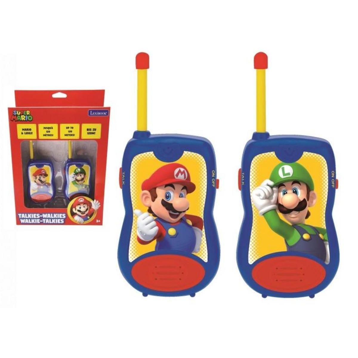Juego de walkie-talkies de Mario y Luigi en caja. La caja muestra personajes y walkie-talkies.