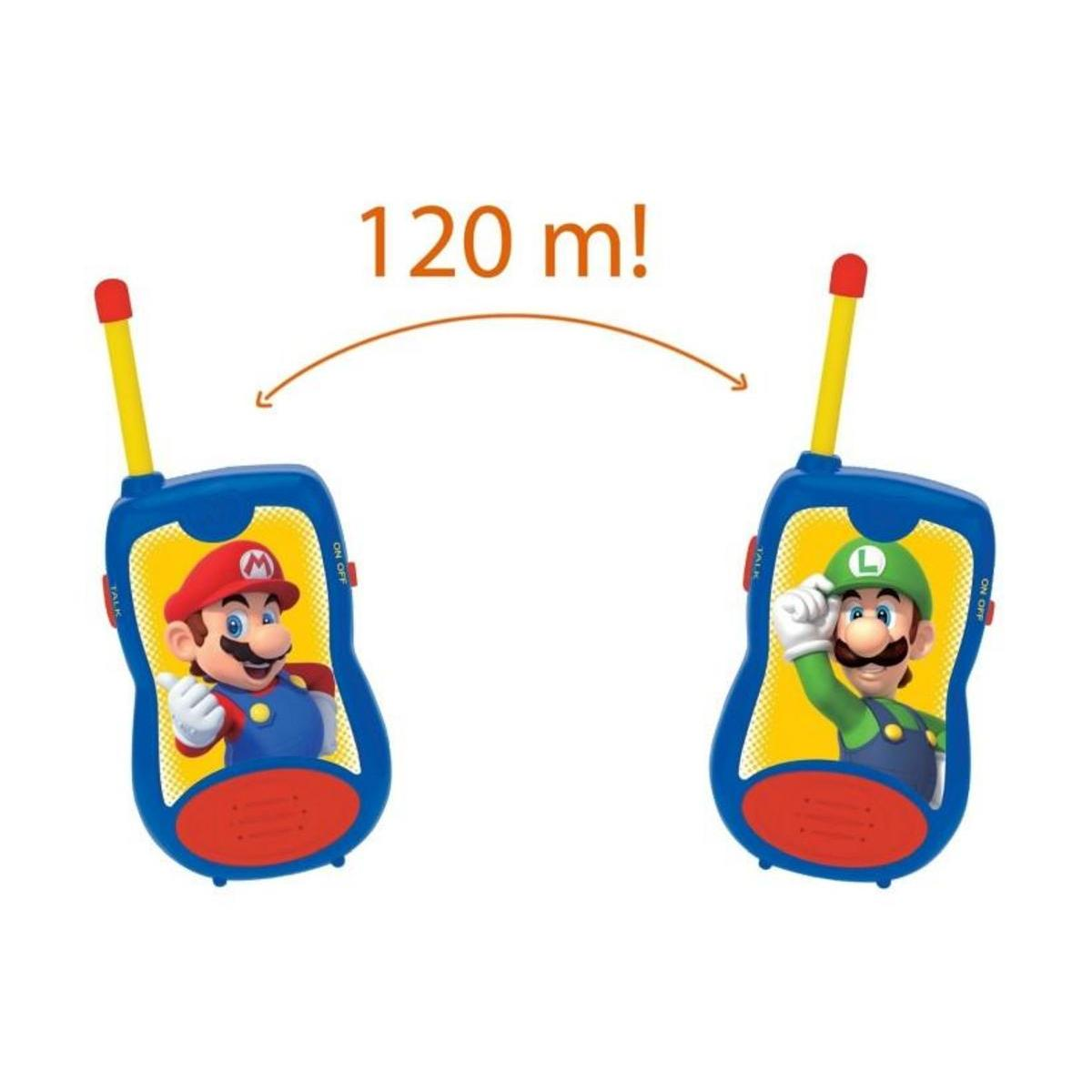 Dos walkie-talkies azules con Mario y Luigi. El texto indica un alcance de 120 m entre dispositivos.