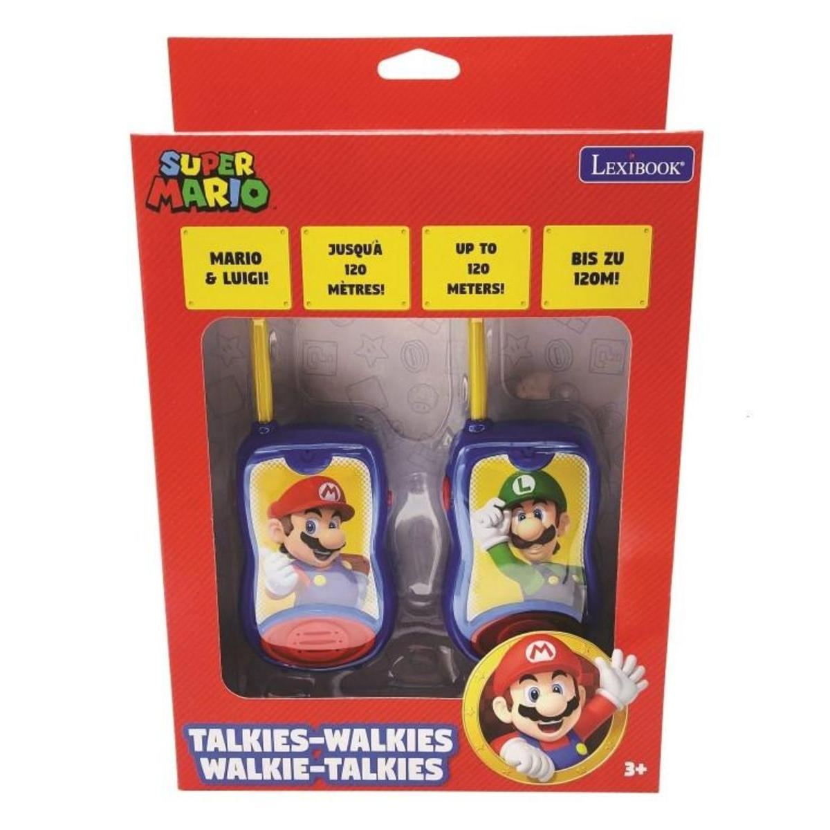 Caja de walkie-talkies de Super Mario. La caja muestra a Mario y Luigi con texto sobre el alcance.