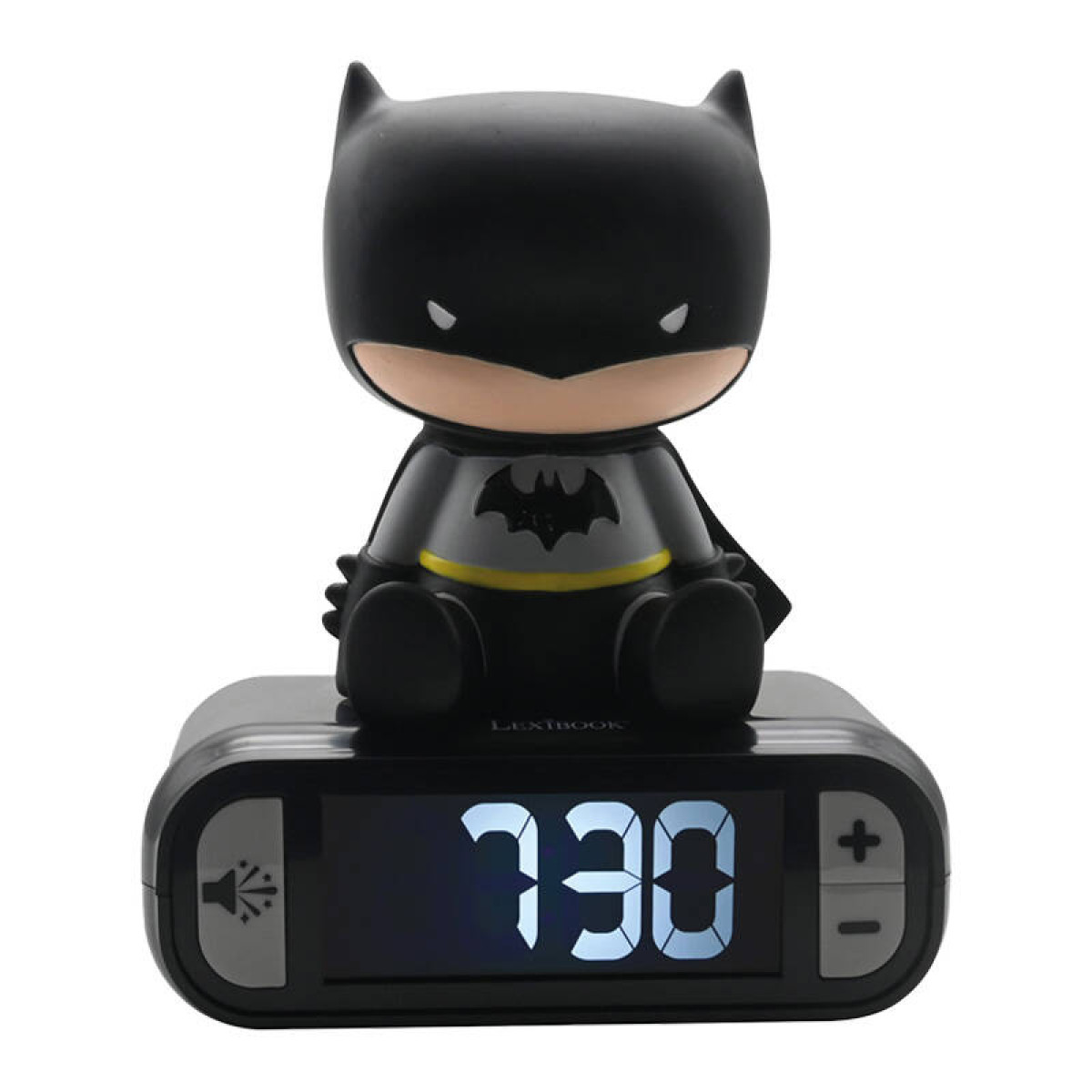 Ein Batman-Wecker mit digitaler Anzeige, die 7:30 Uhr anzeigt.