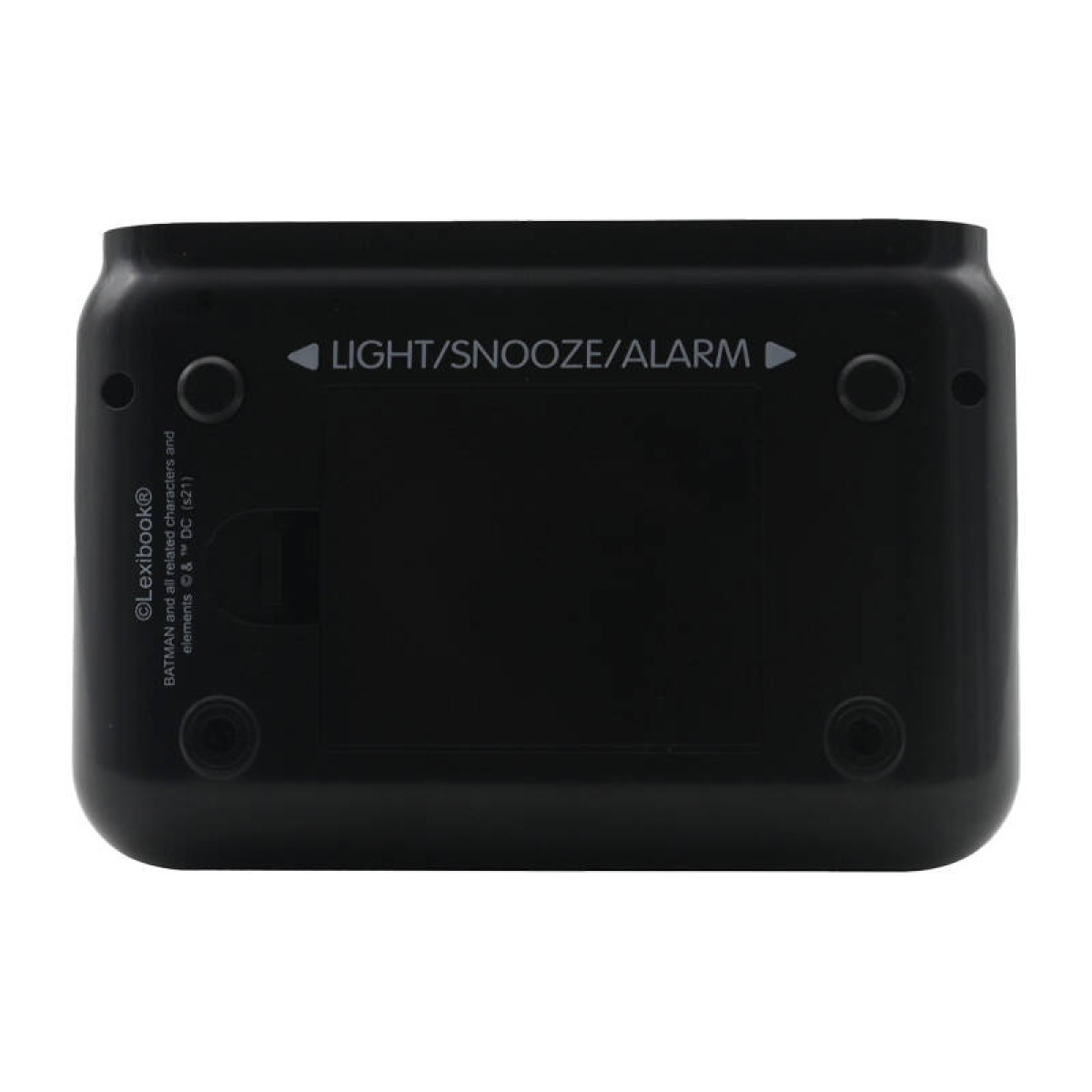 Ein schwarzer Wecker mit den Knöpfen 'LIGHT/SNOOZE/ALARM' und dem Lexibook-Markenlogo.