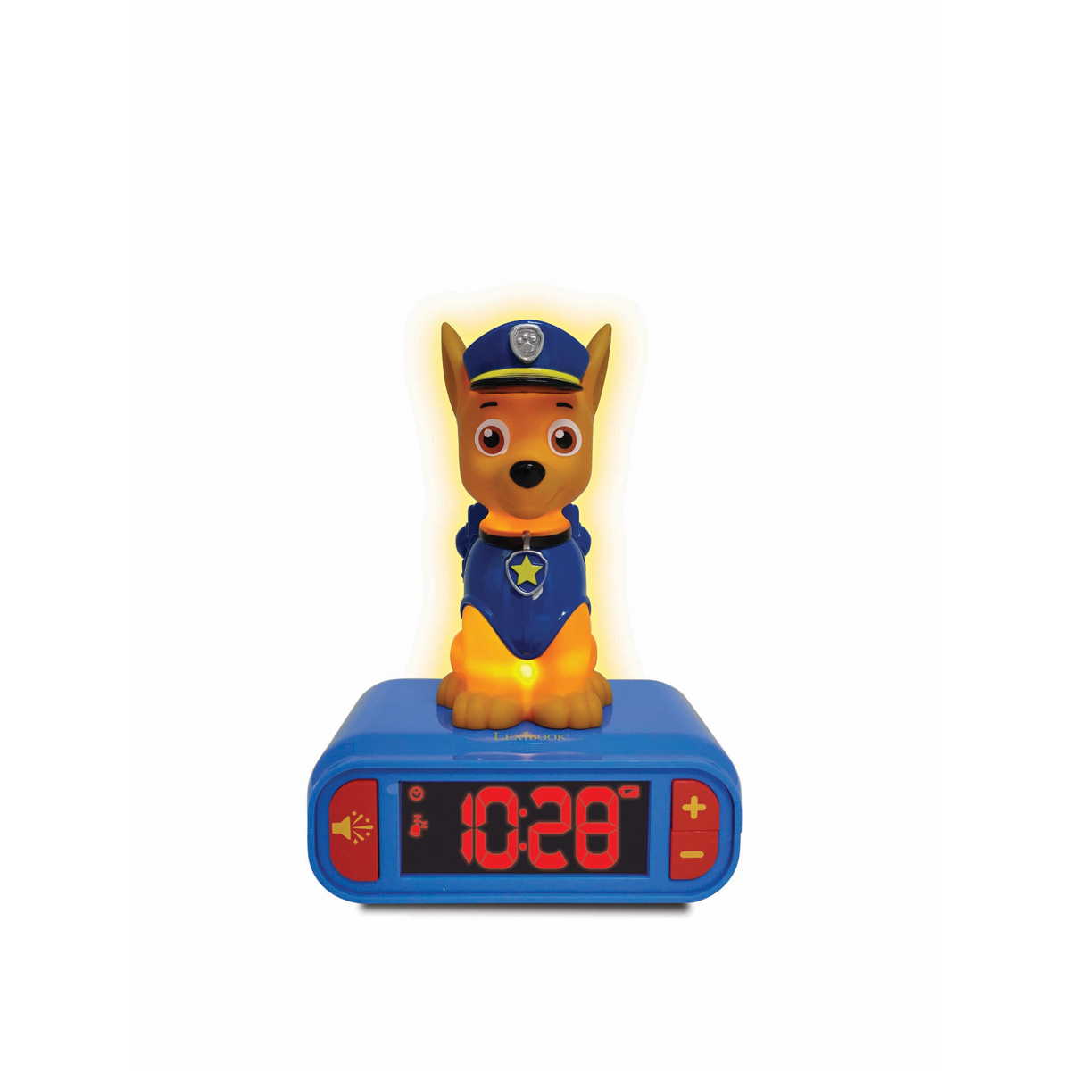 Ein Paw Patrol Chase Wecker. Die Uhr zeigt die Zeit, und ein Cartoon-Hund ist oben drauf.
