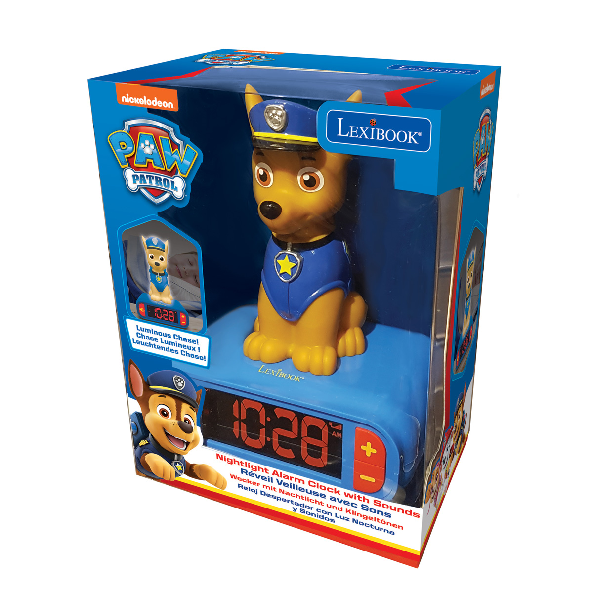Ein Paw Patrol Chase Wecker in einer Box. Chase-Figur oben, blaue Basis, digitale Anzeige.