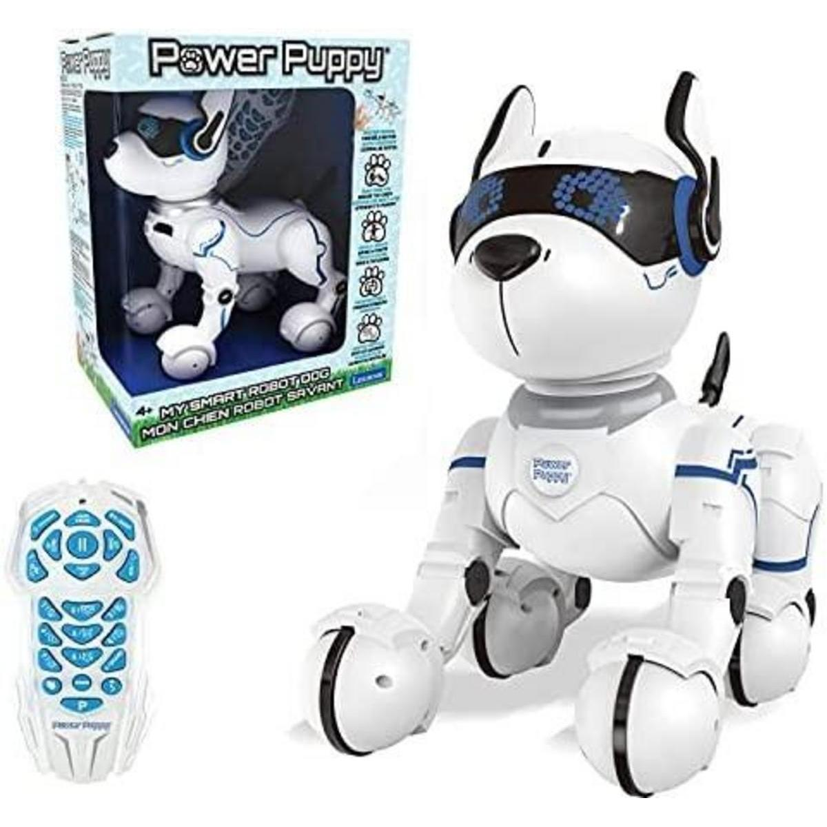 Un cane robot bianco con un telecomando, in una scatola. Il cane ha dettagli blu e una visiera.