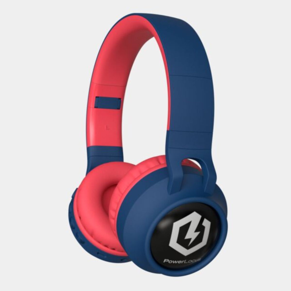 Cuffie blu e rosse, logo PowerLocus sui padiglioni. Sfondo bianco.