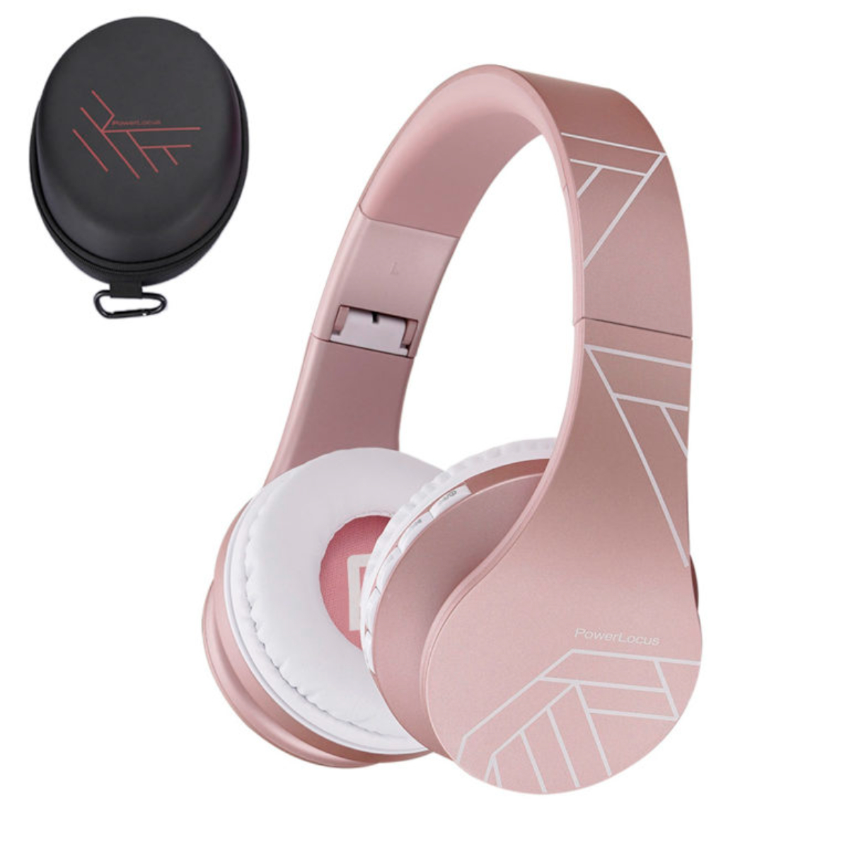 Cuffie oro rosa con padiglioni bianchi e custodia abbinata. Sfondo bianco.