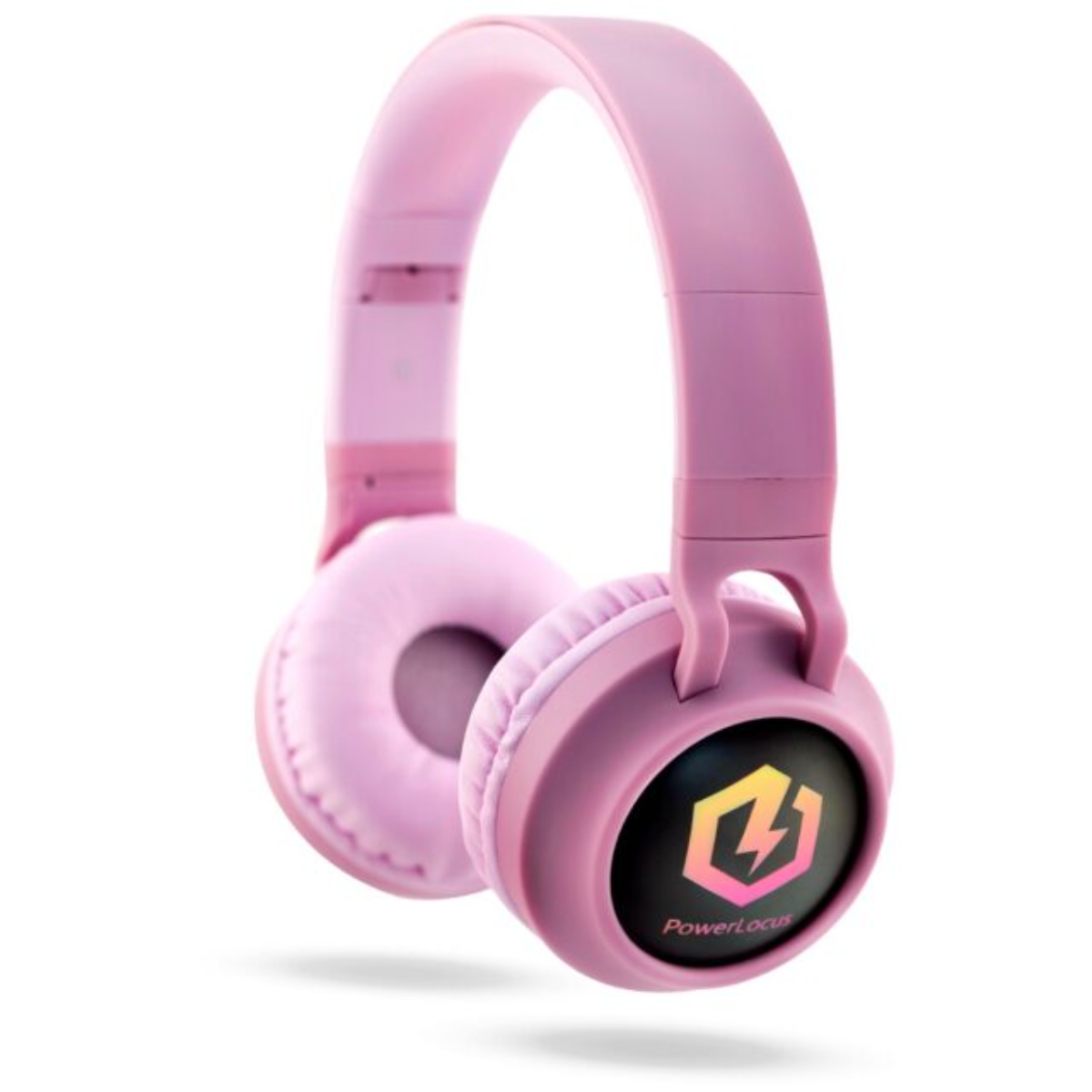 Cuffie rosa con il logo PowerLocus. Sfondo bianco.