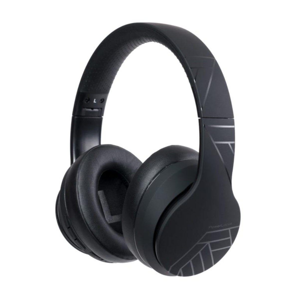 Auriculares negros con diseño geométrico en las copas. Fondo blanco.