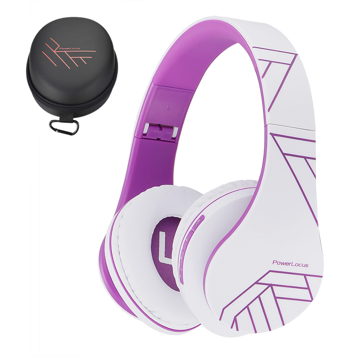 Cuffie bianche e viola con custodia, logo PowerLocus.