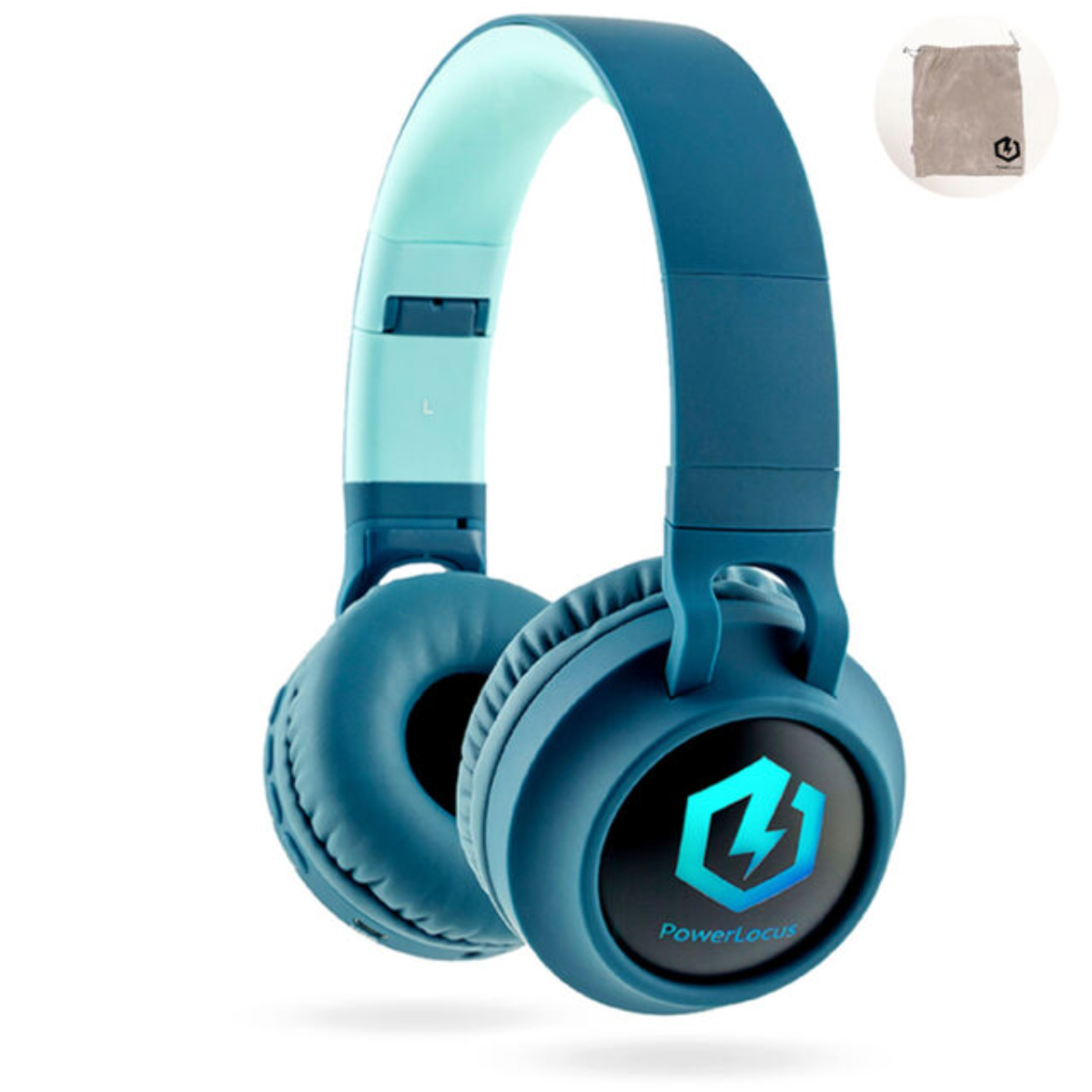 Cuffie blu, logo PowerLocus.