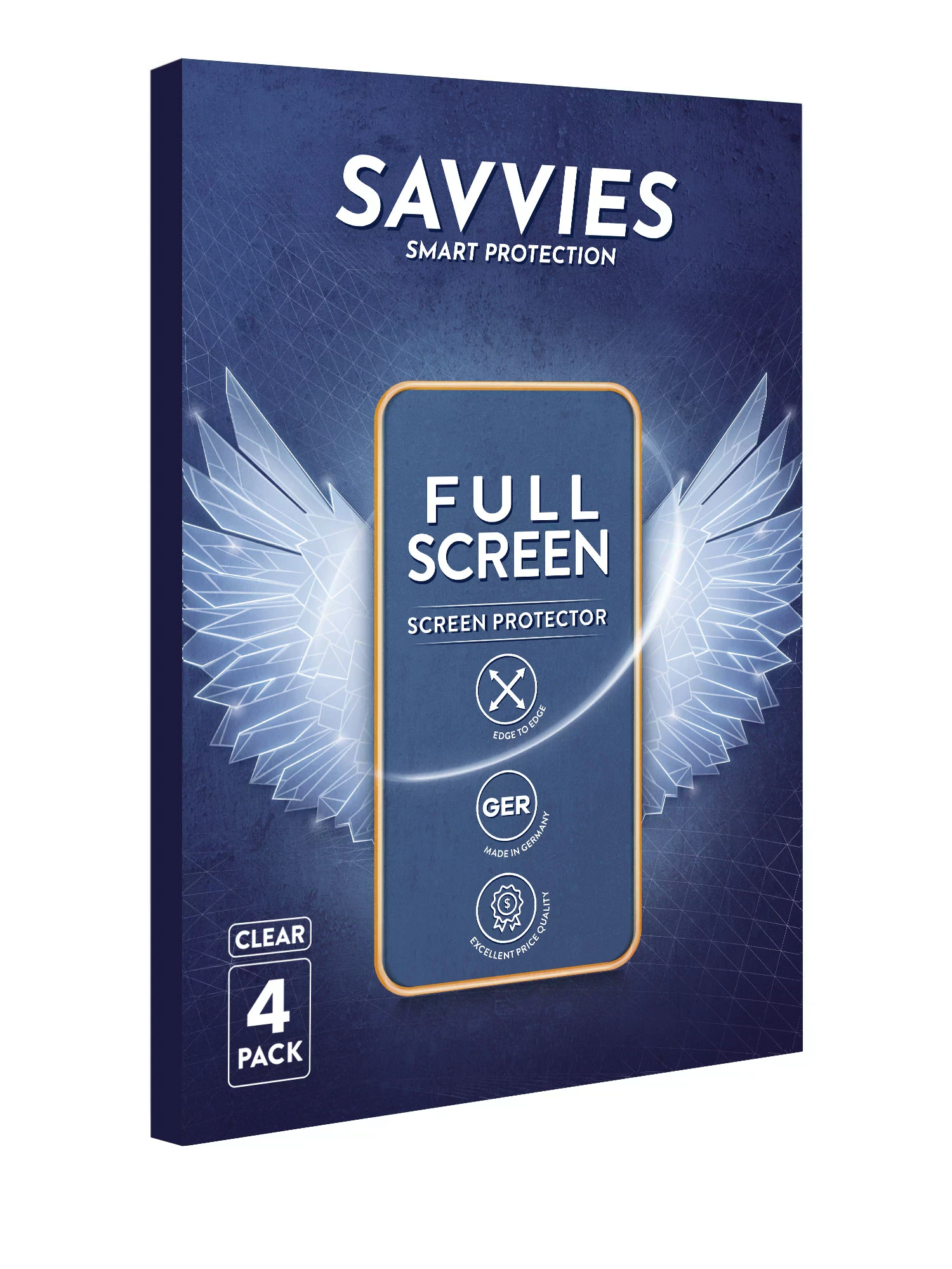 Eine blaue Displayschutzfolien-Box mit einer Grafik und Text. Es hat eine transparente Front.