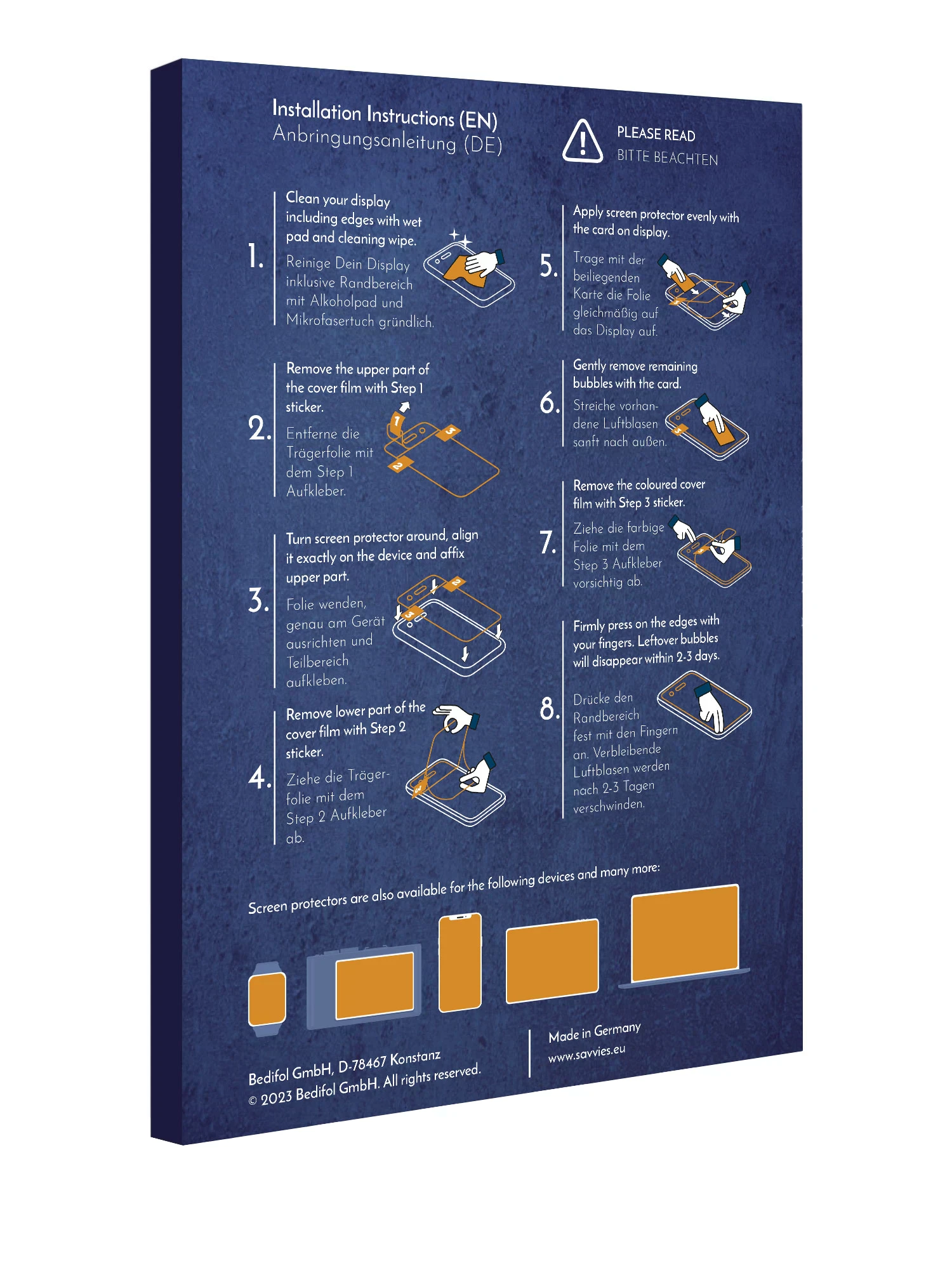 Anweisungen zum Anbringen eines Displayschutzes, mit Diagrammen und Schritten.