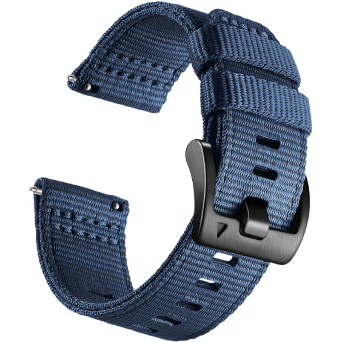 Un cinturino blu con fibbia nera. Il cinturino ha una trama intrecciata.