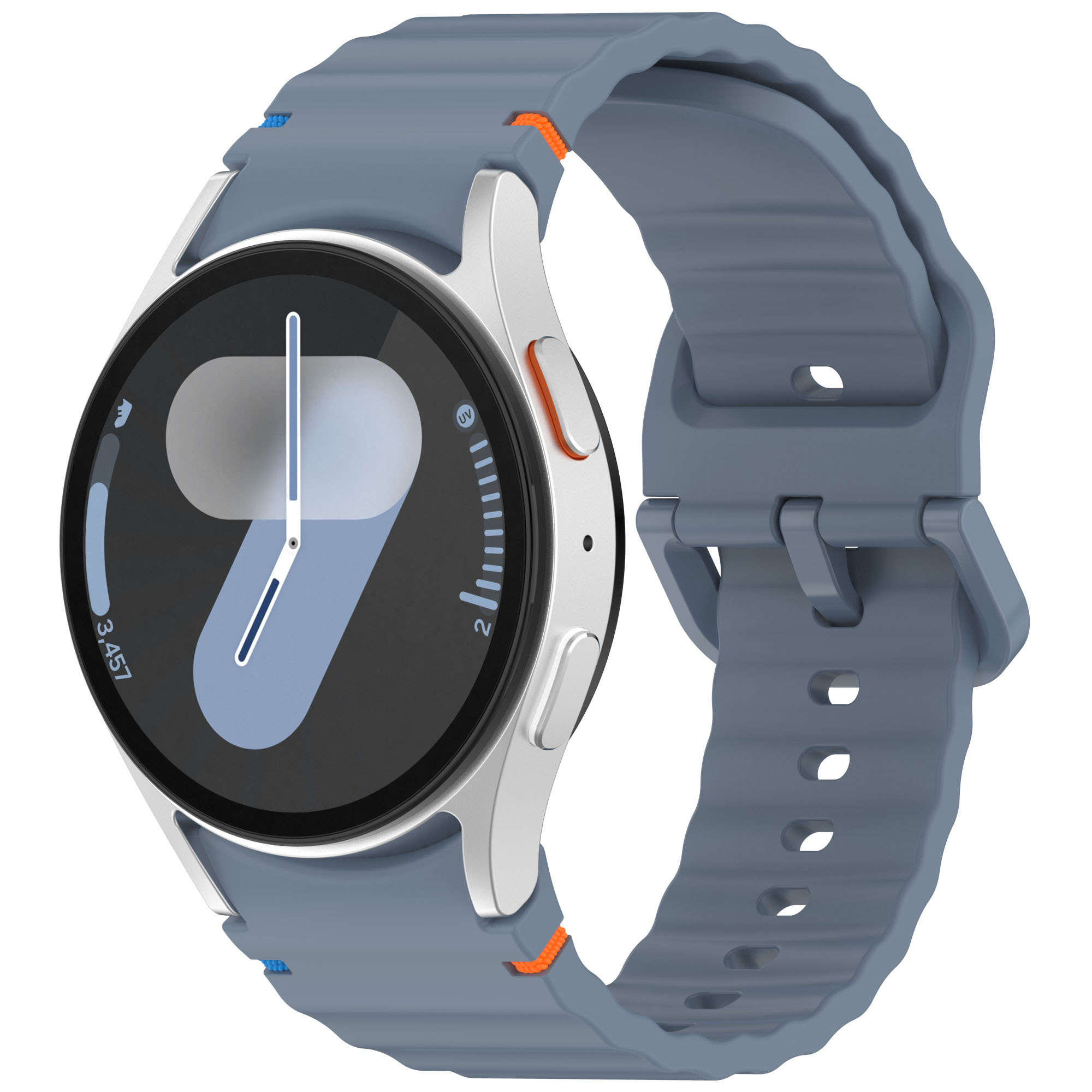 Eine blaue und silberne Smartwatch mit blauem Armband.
