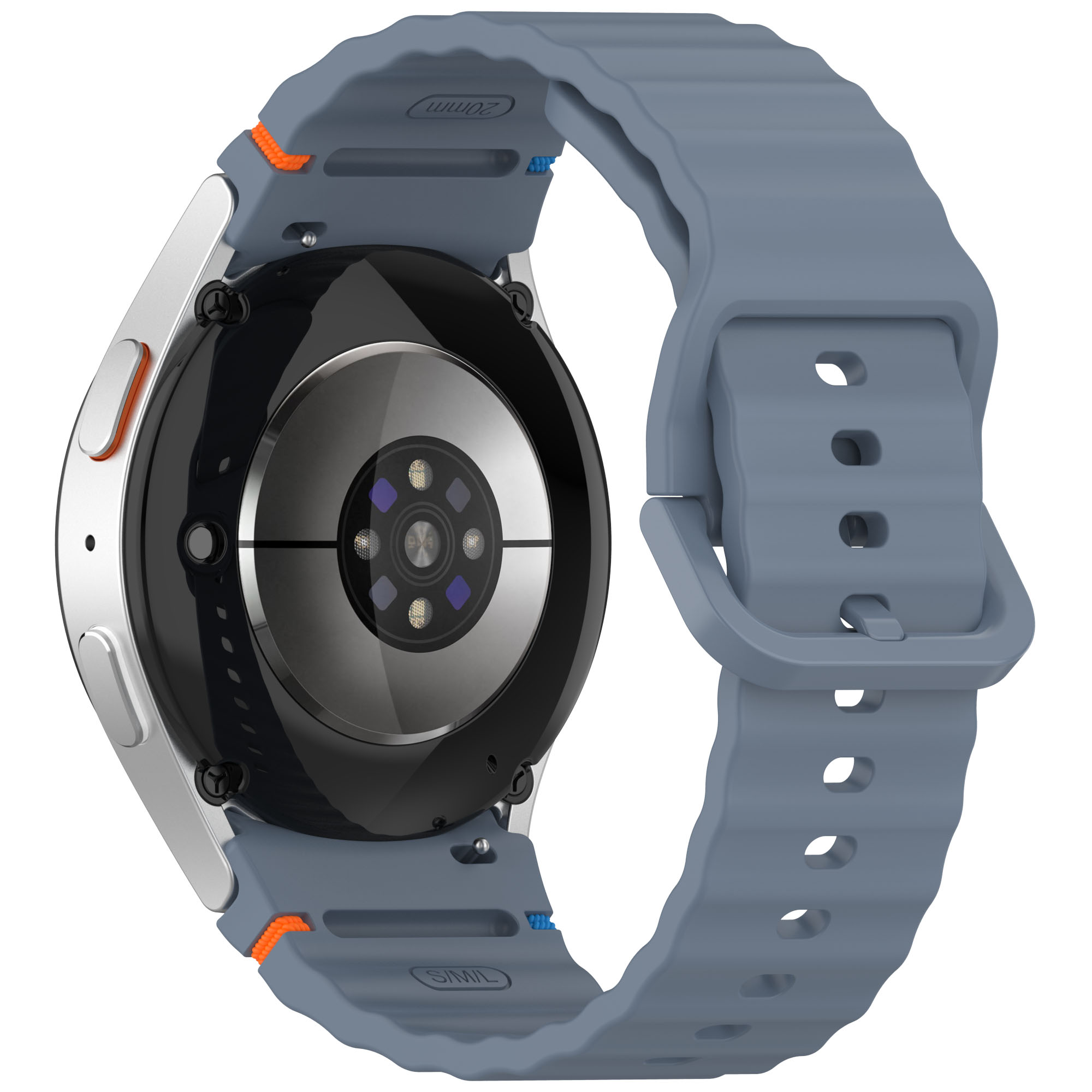 Eine silberne Smartwatch mit blauem Armband, orangefarbenen Akzenten und einem Sensor auf der Rückseite.