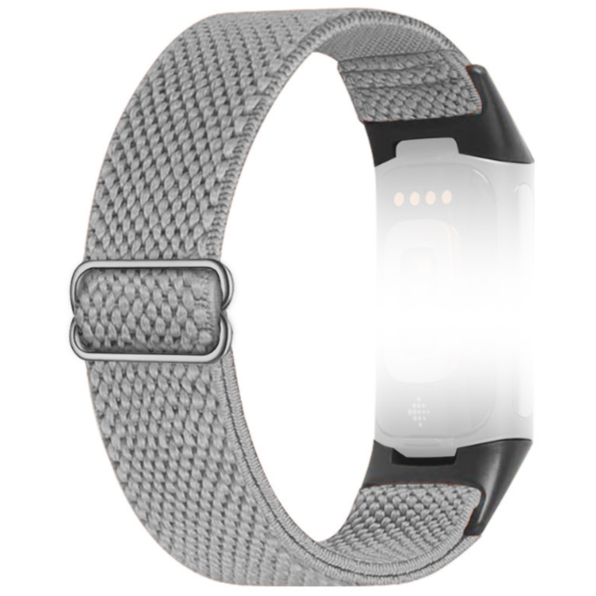 Szary pasek do zegarka z tkaniny ze srebrną klamrą, przymocowany do białego smartwatcha.