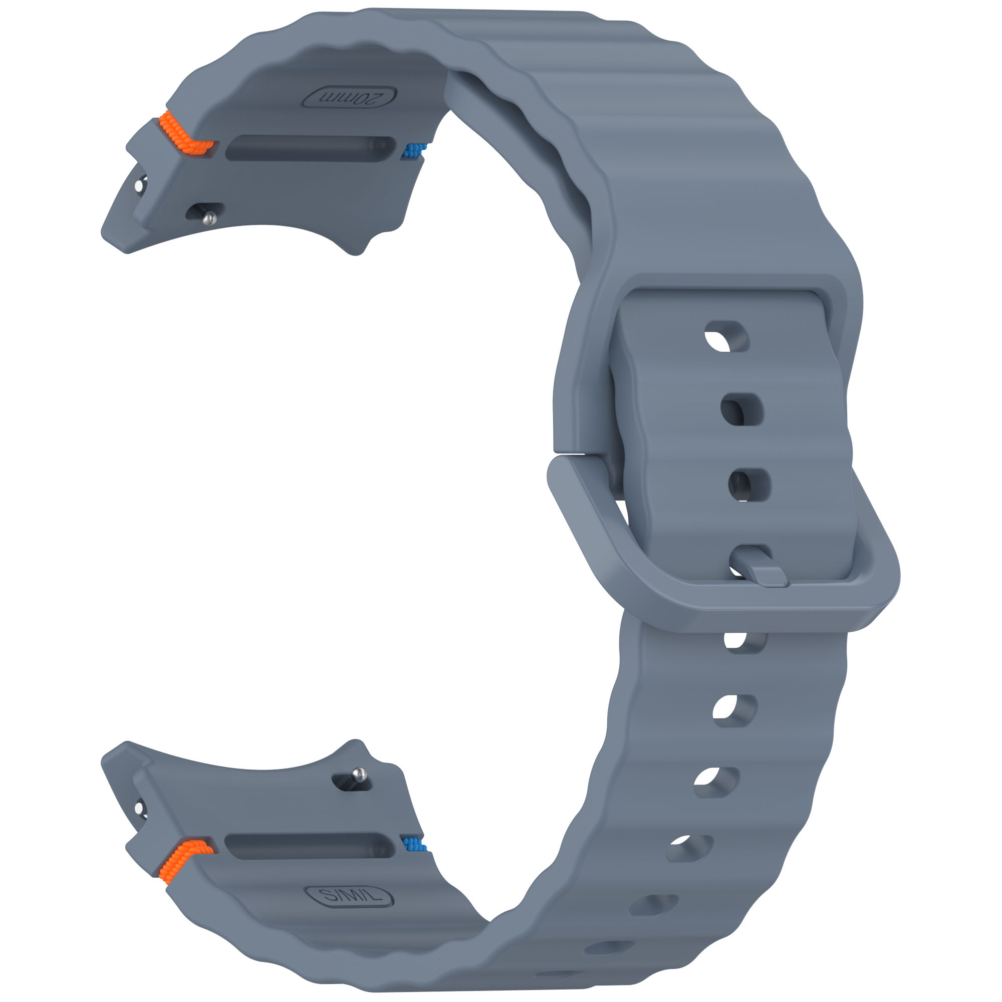 Ein graues Uhrenarmband mit orangefarbenen und blauen Akzenten an den Enden.