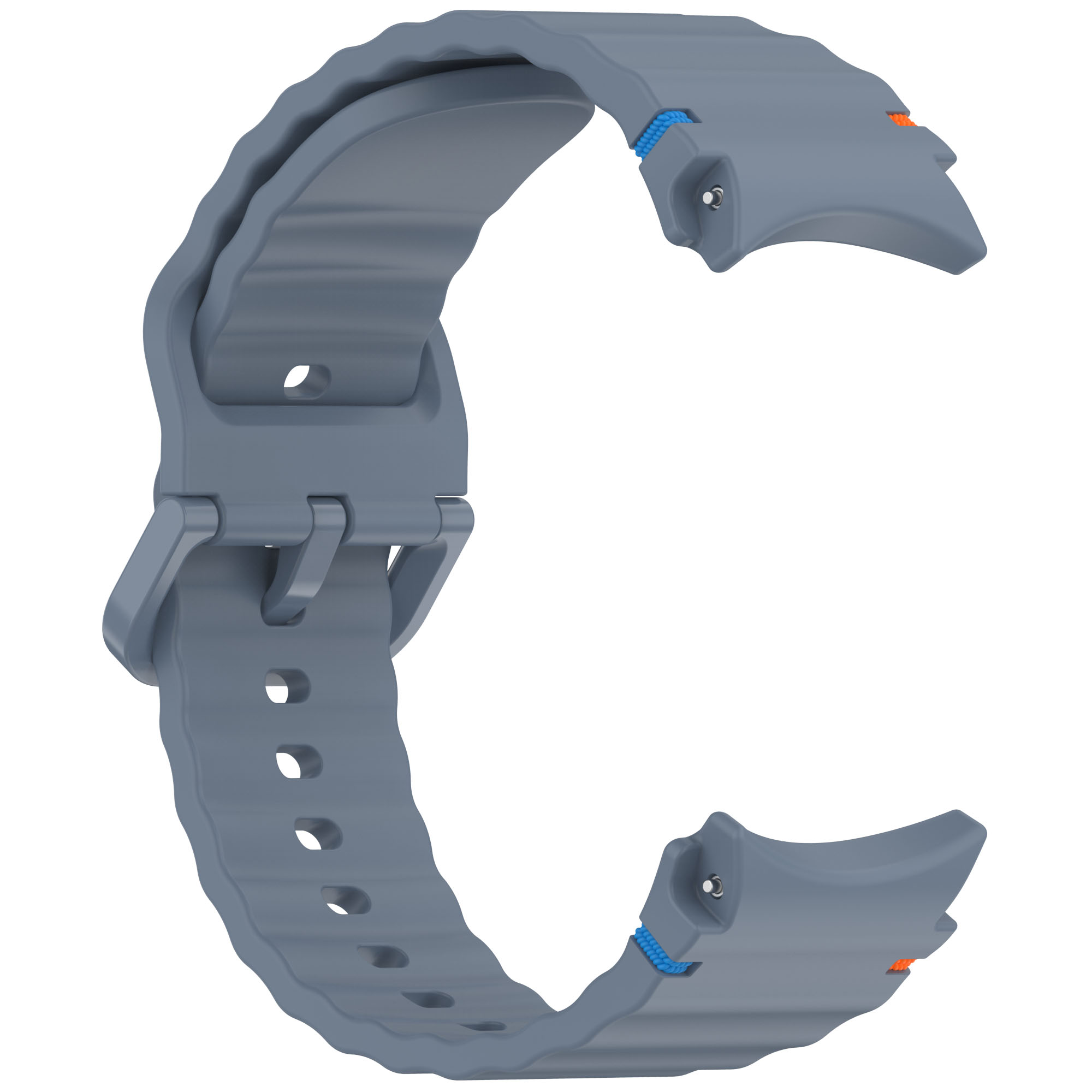 Graues Uhrenarmband mit blauen und orangen Akzenten. Es ist gebogen.