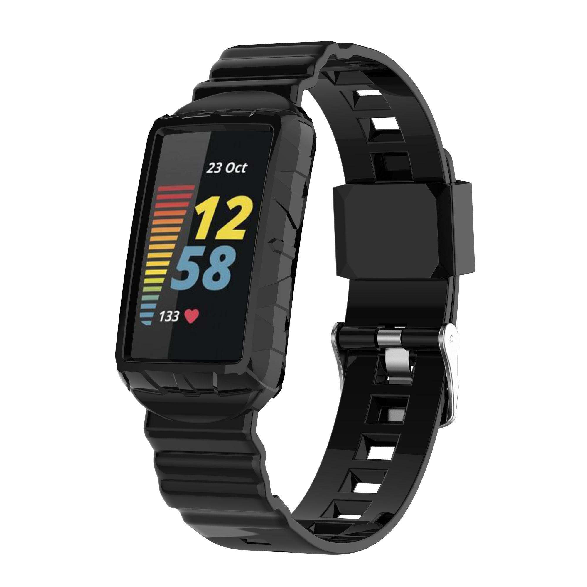 Zwart fitness tracker horloge met een display dat tijd en hartslag toont, witte achtergrond.