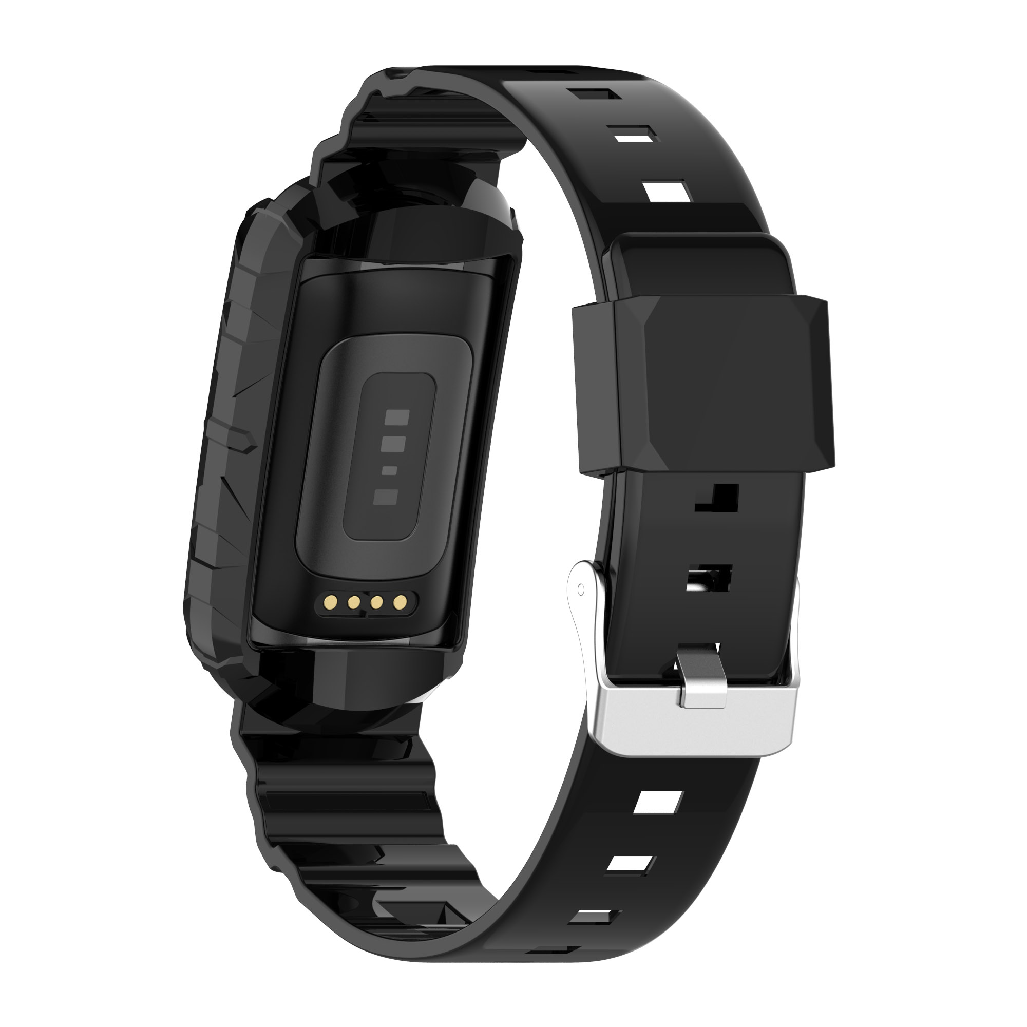Zwarte smartwatch met een zwarte band en een zilveren gesp.