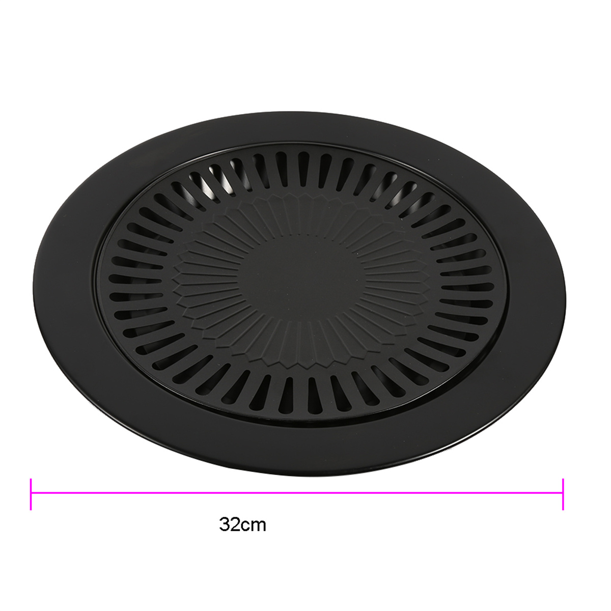 Schwarzer, runder Grill mit strukturierter Oberfläche, Durchmesser 32cm, freigestellt.