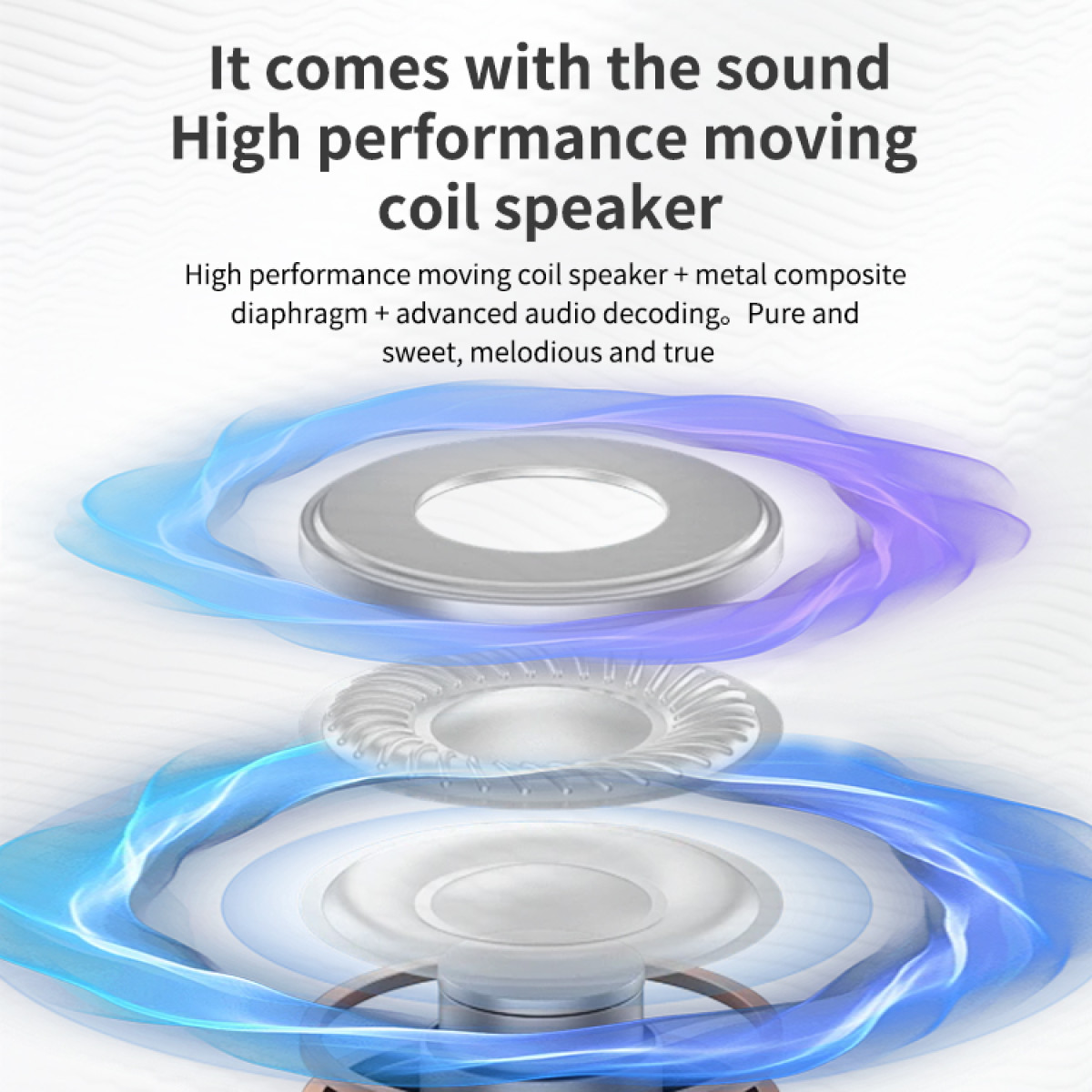 Elementy głośnika z niebieskimi i fioletowymi efektami świetlnymi na białym tle.