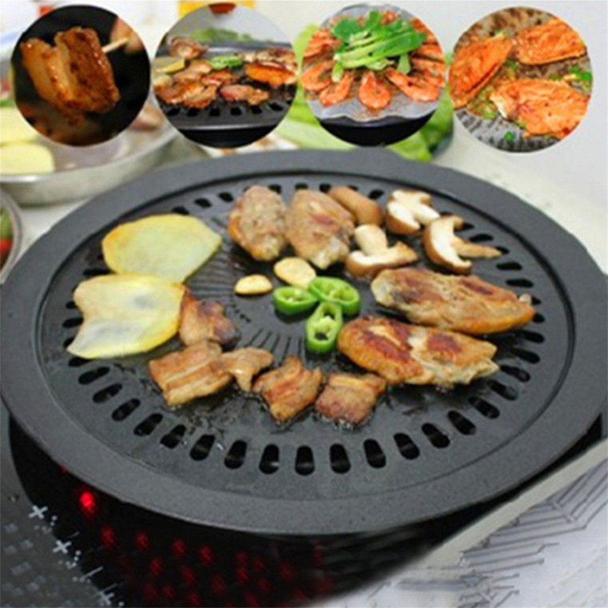 Ein Grill mit Essen darauf, darunter Fleisch, Garnelen und Gemüse, mit kleinen Tellern oben drauf.