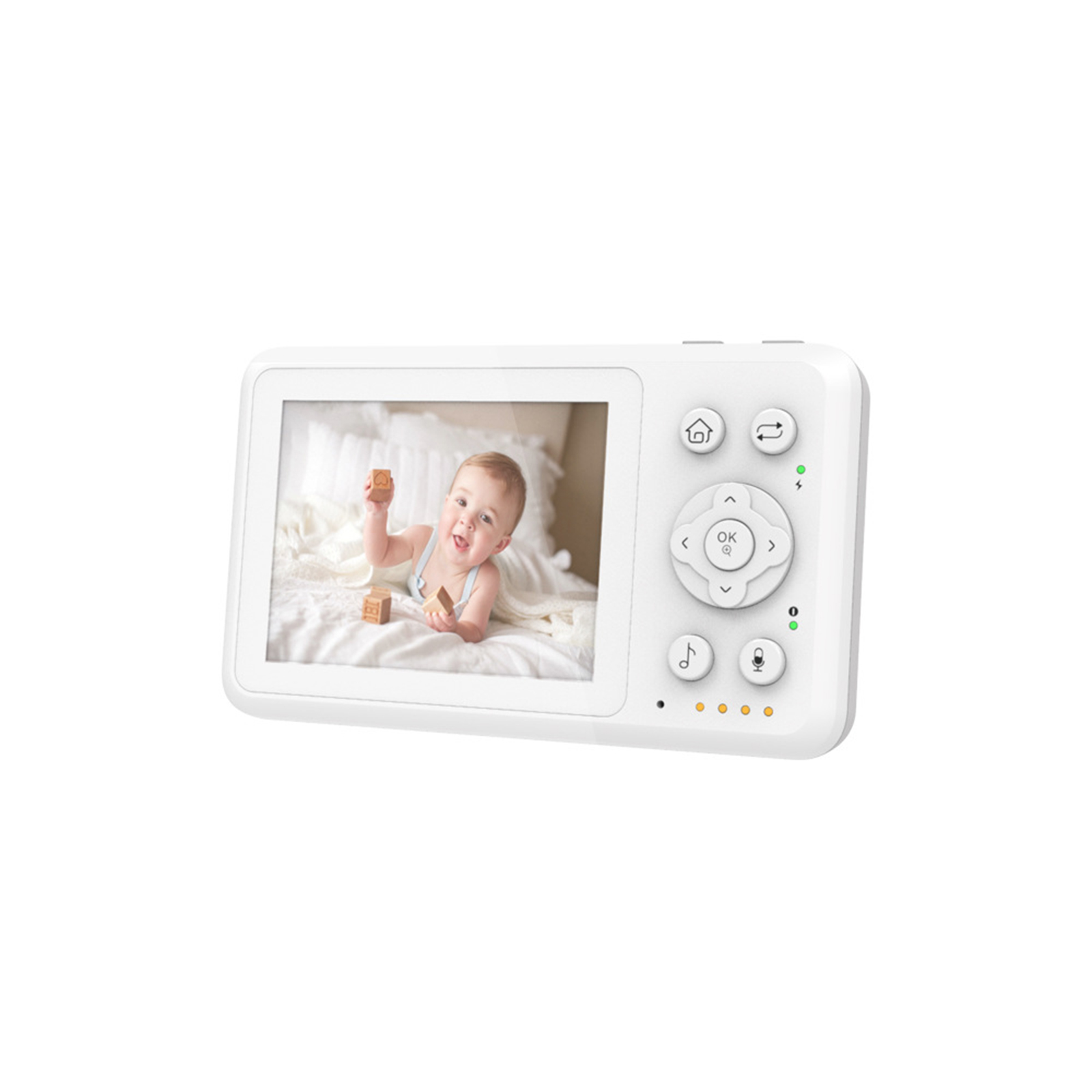 Weißer Babyphone, das ein lächelndes Baby zeigt. Knöpfe rechts, das Baby liegt auf einem weißen Bett.