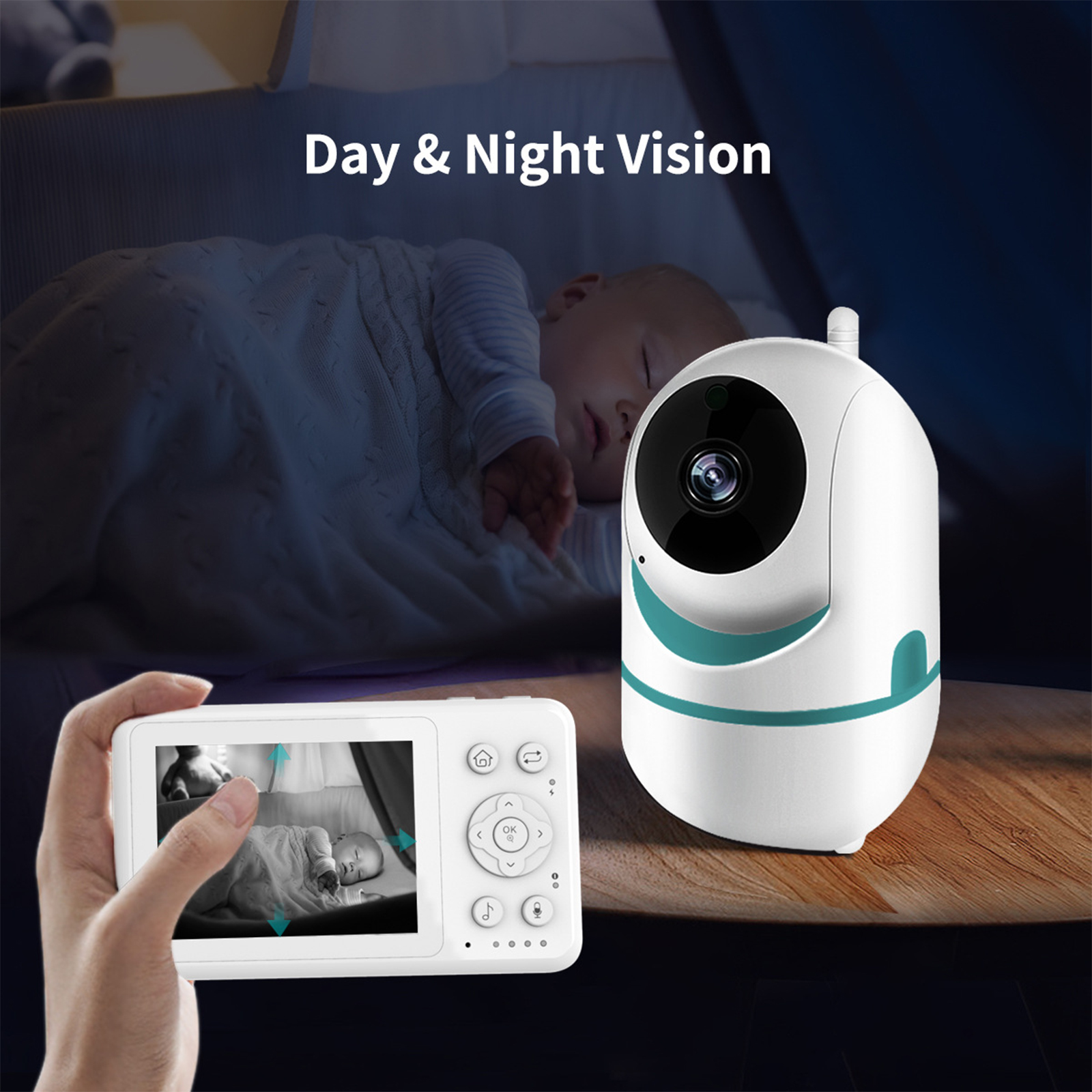 Ein Babyphone mit Kamera und Handmonitor, der das schlafende Baby zeigt.