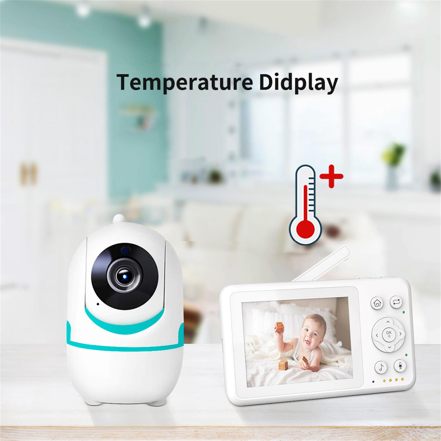 Babyphone mit Kamera und Bildschirm mit Baby. Text zeigt 'Temperaturanzeige'.