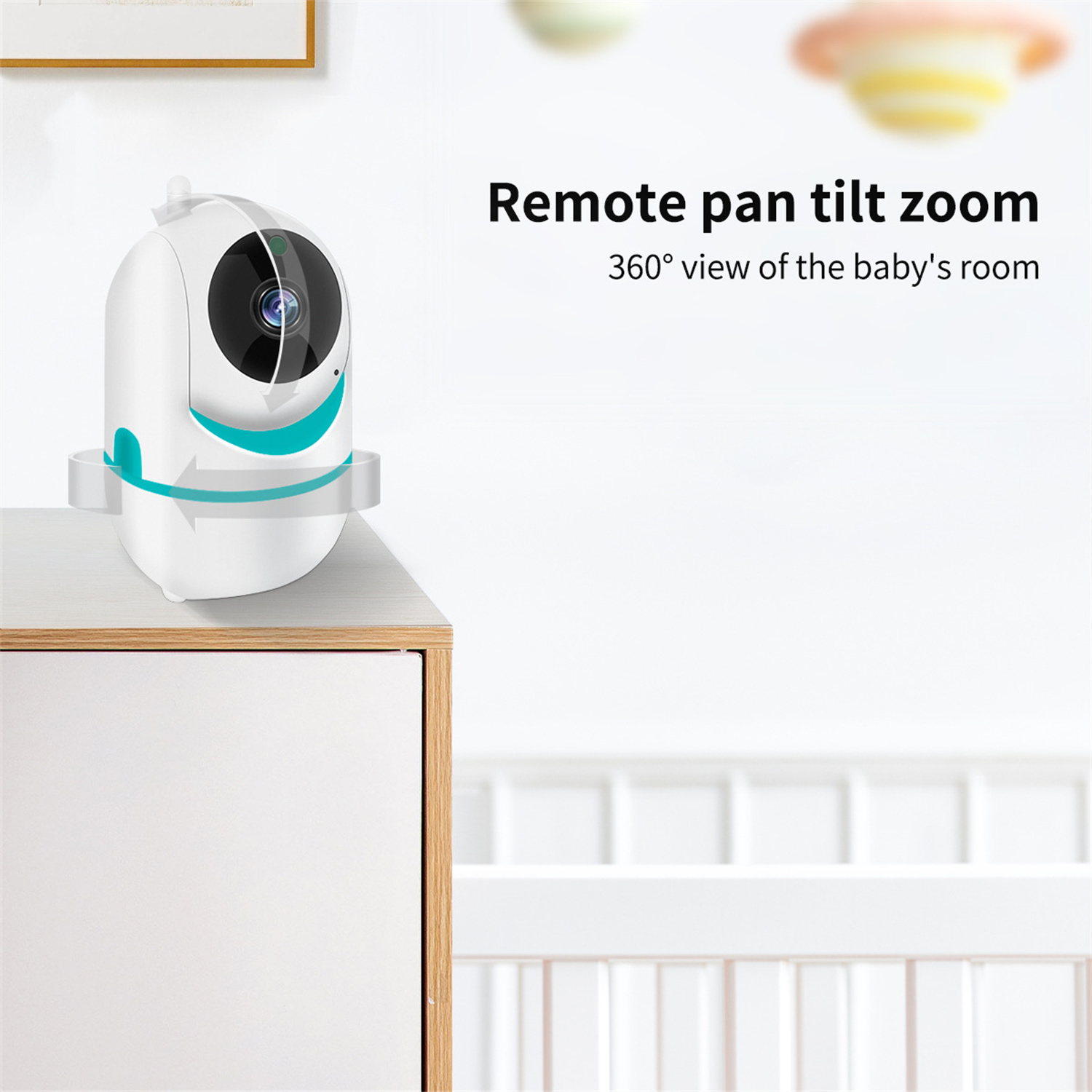 Weißer Babyphone dreht sich auf einem Tisch. Text beschreibt 360° Ansicht, im Babyzimmer.