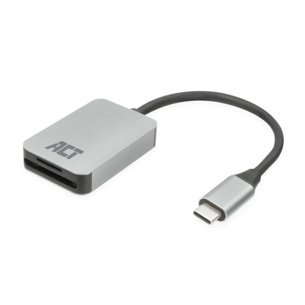 Srebrny czytnik kart SD na USB-C marki ACT na białym tle.
