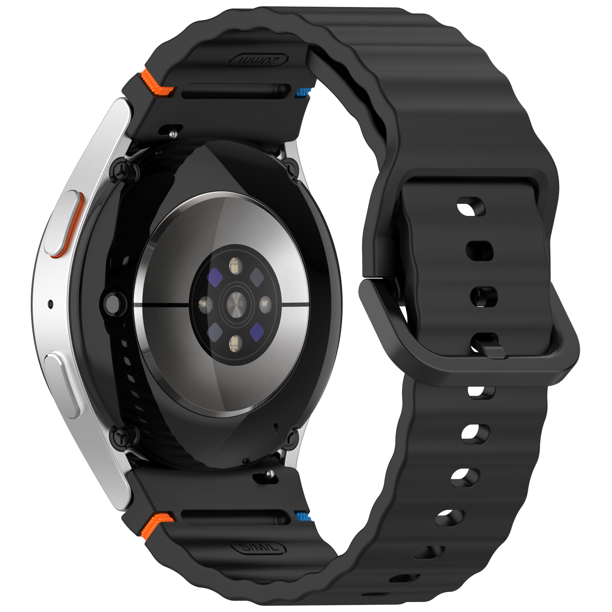 Czarny smartwatch z czarnym i pomarańczowym paskiem. Zegarek jest pochylony, pokazując tył z czujnikami.