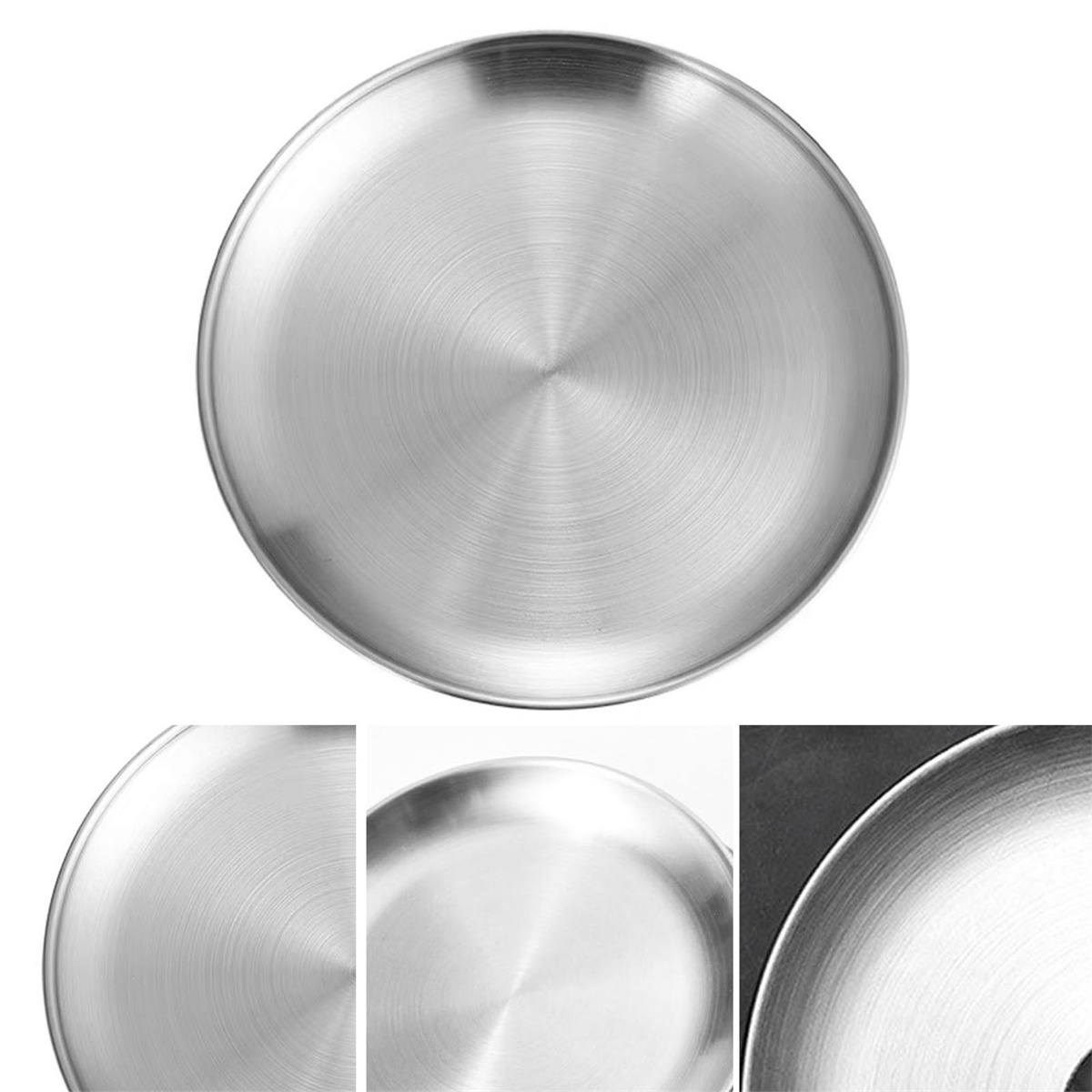 Eine runde Metallplatte. Es gibt Nahaufnahmen der Platte, um die Metallstruktur und Details zu zeigen.