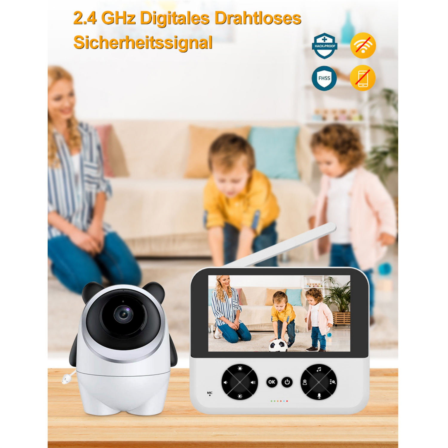 Babyphone mit Kamera und Bildschirm. Der Bildschirm zeigt spielende Kinder.