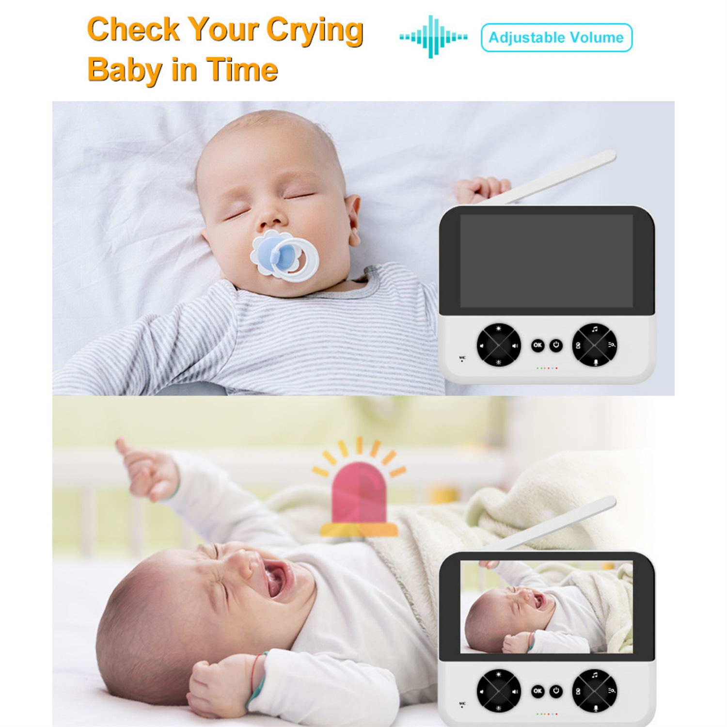 Zwei Bilder eines Babyphones. Eines zeigt ein schlafendes Baby, das andere ein weinendes Baby mit Alarm.