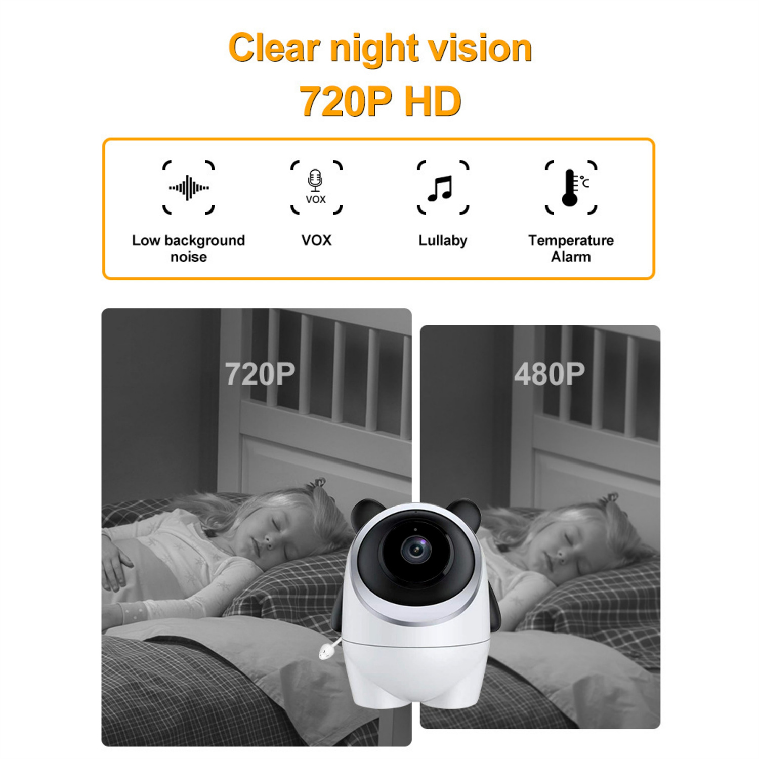 Ein Babyphone mit zwei schlafenden Kindern auf einem Bett, mit Symbolen und Text.