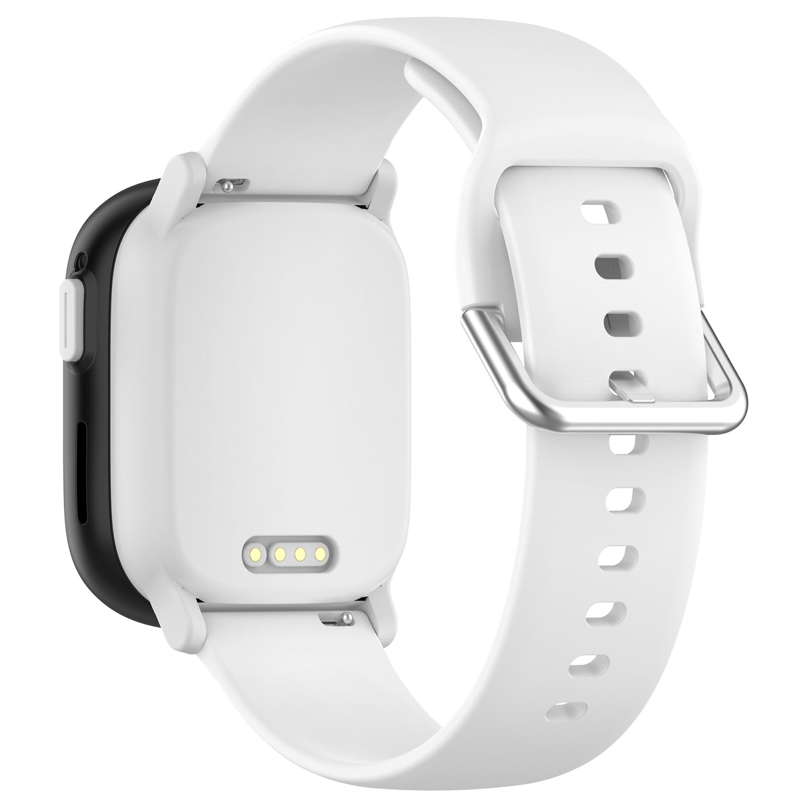 Eine weiße Smartwatch mit weißem Armband, die Rückseite zeigend.