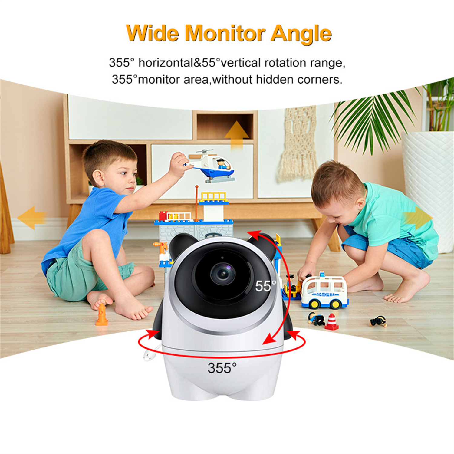 Ein Babyphone, das zwei spielende Kinder mit Spielzeug zeigt, und Text über seine Funktionen.