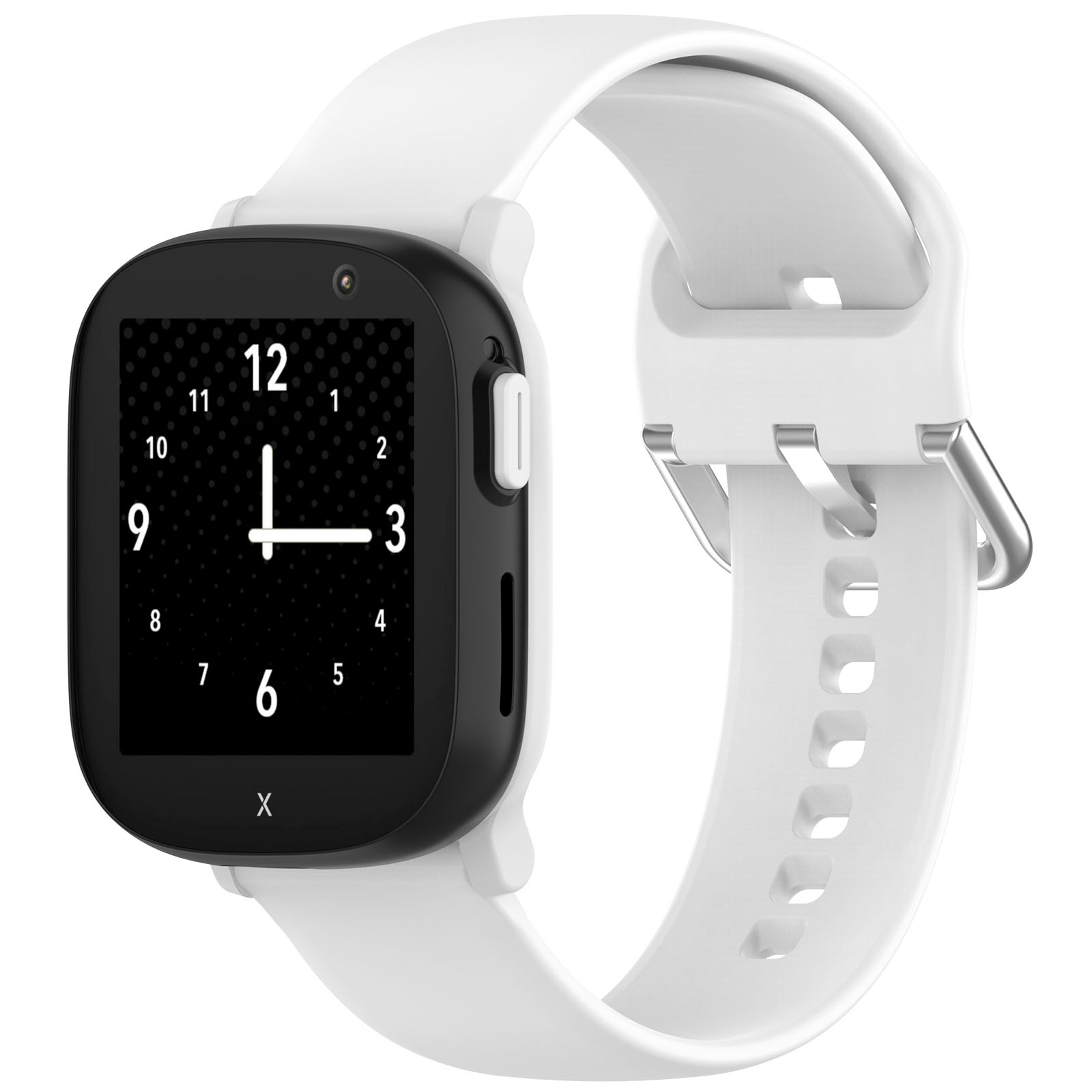 Smartwatch mit schwarzem Zifferblatt, weißem Armband. Zeigt Uhr. Weißer Hintergrund.