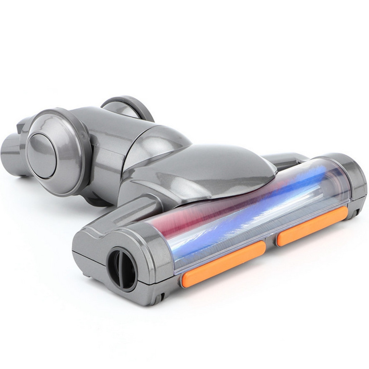 Głowica odkurzacza z rolkami i szczotkami, szara i pomarańczowa.