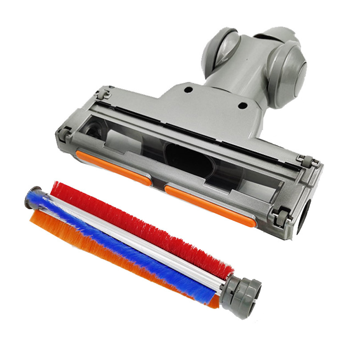 Głowica odkurzacza i wałek szczotki. Szara głowica, czerwona, niebieska i pomarańczowa szczotka.