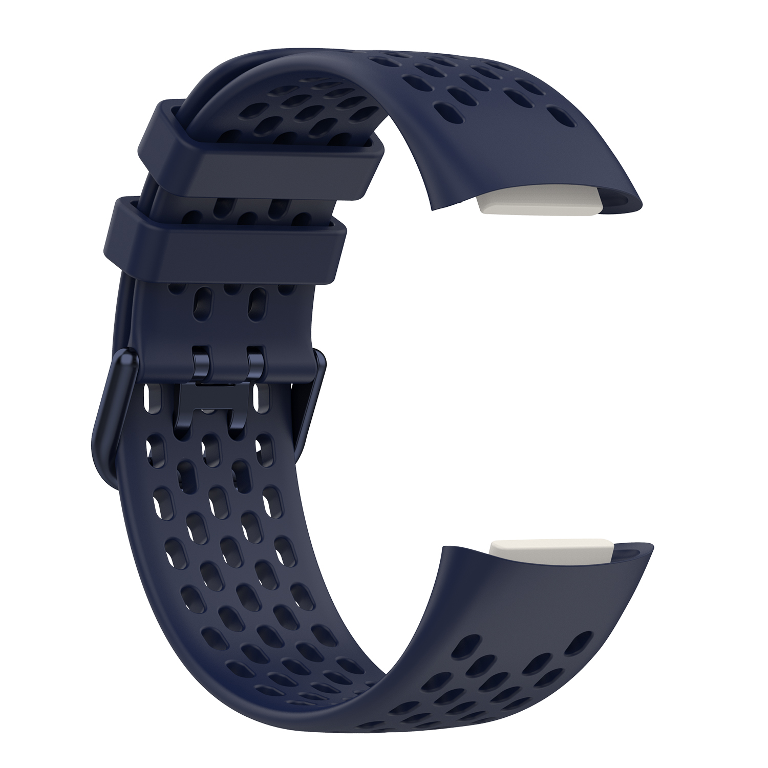 Ein dunkelblaues Smartwatch-Armband mit Perforationen. Es ist gewölbt mit einem weißen Teil.