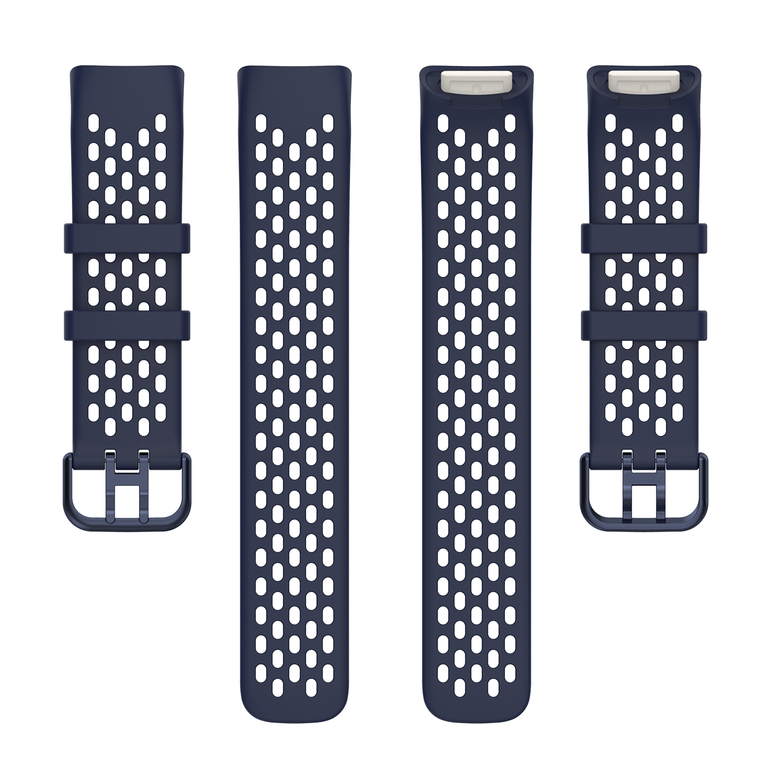 Zwei Paare marineblauer Uhrenarmbänder mit einem Muster aus kleinen Löchern und Metallschnallen.