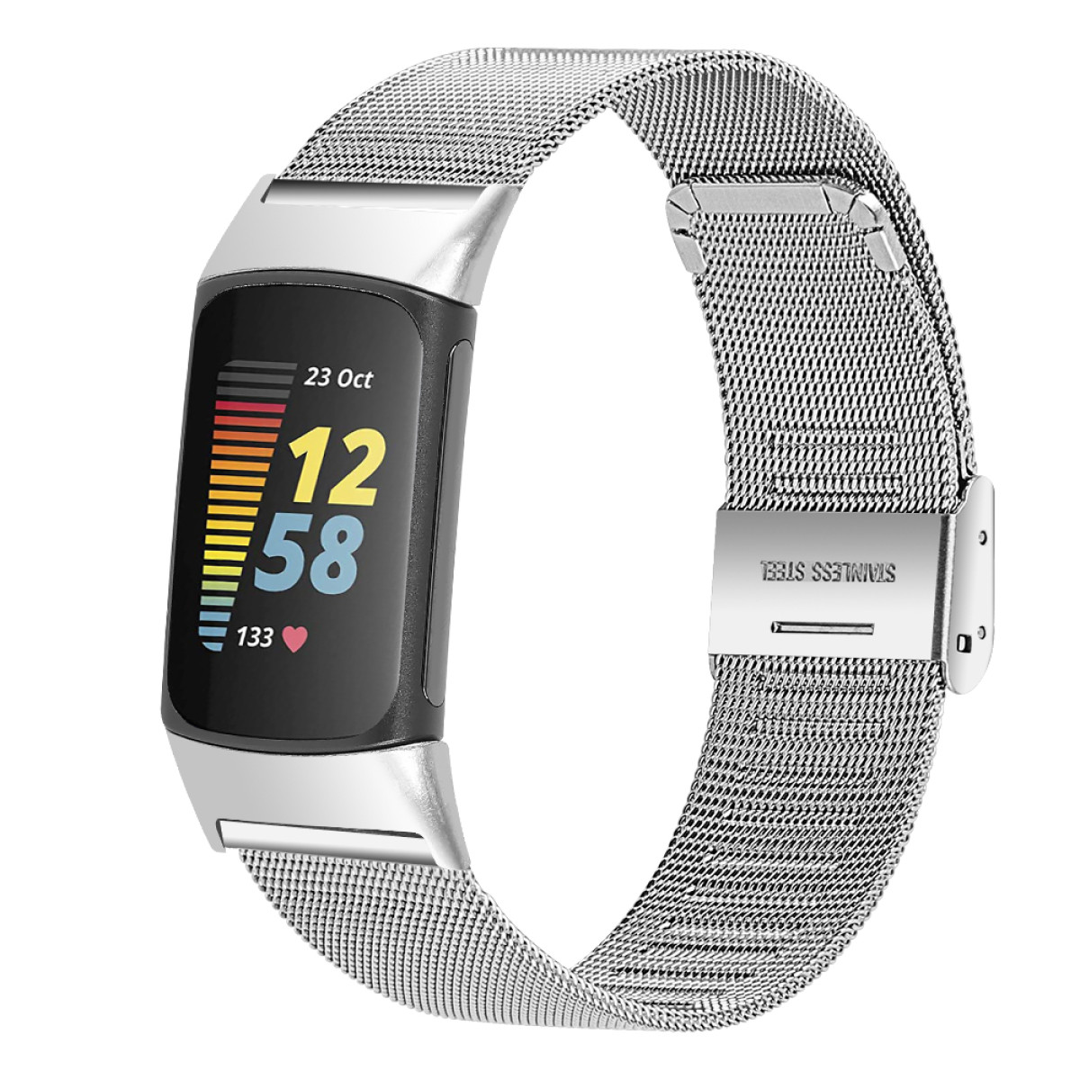 Cinturino per smartwatch argento con schermo nero che mostra dati. Sfondo bianco.
