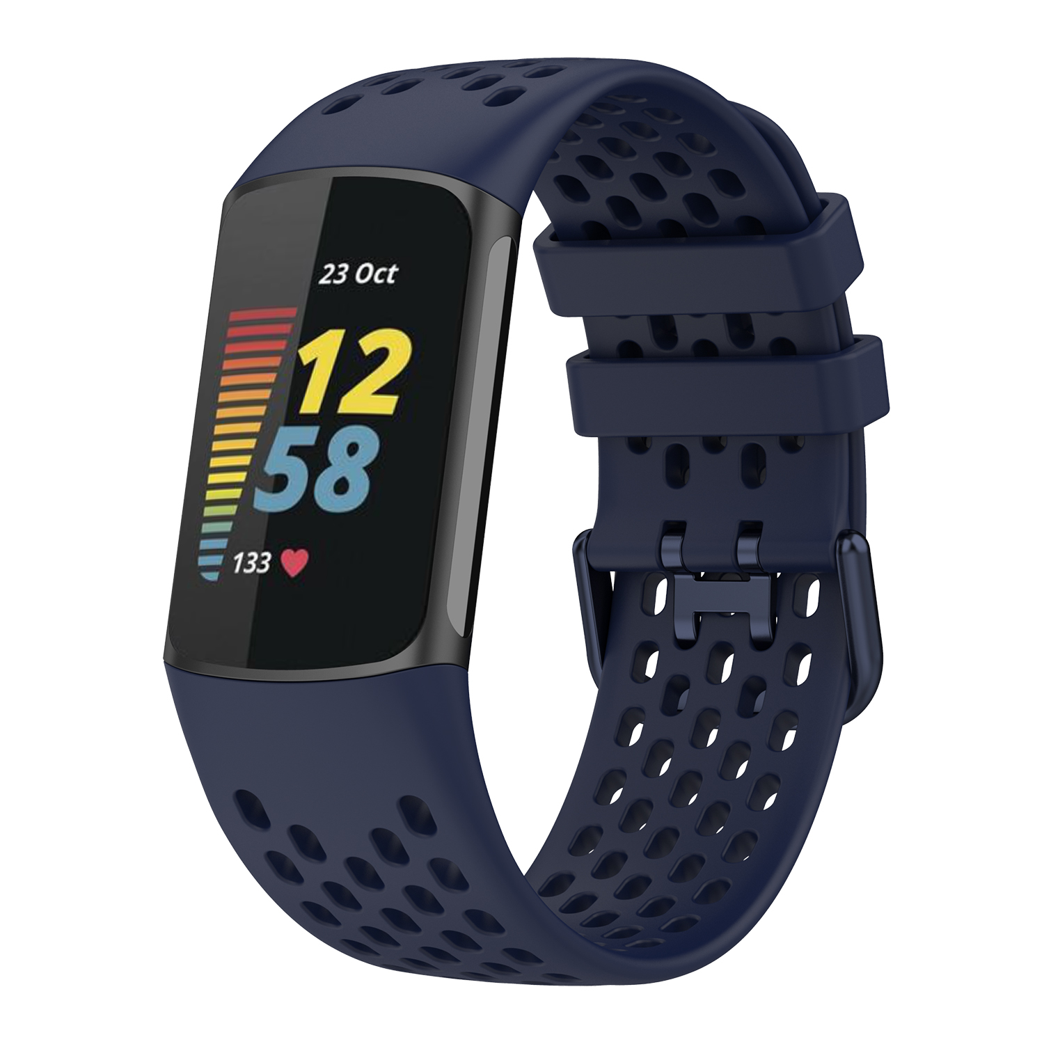 Blaue Smartwatch mit Anzeige von Zeit und Fitnessdaten sowie blauem Armband.
