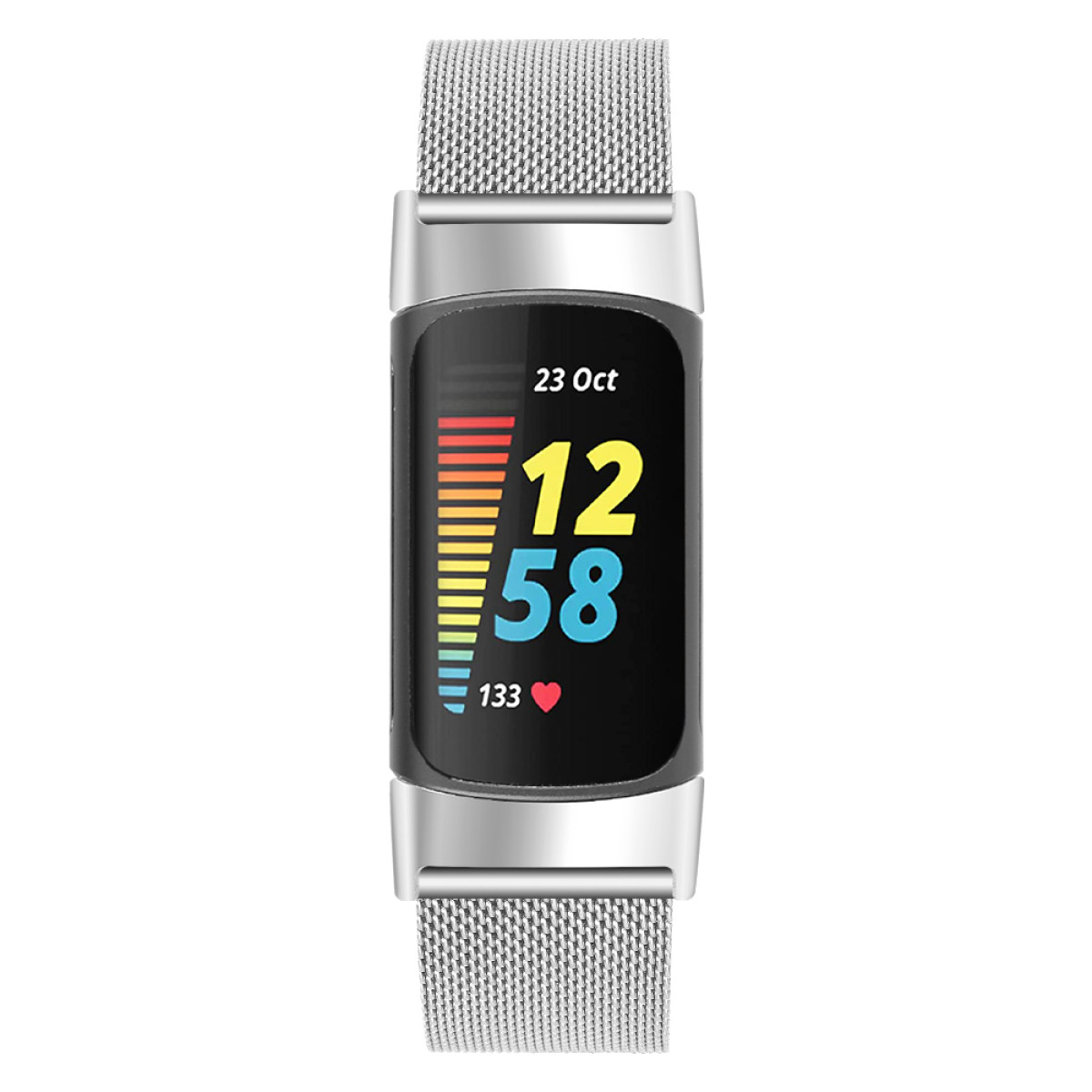Fitness tracker nero con cinturini argentati, display dell'ora e indicatore della frequenza cardiaca.