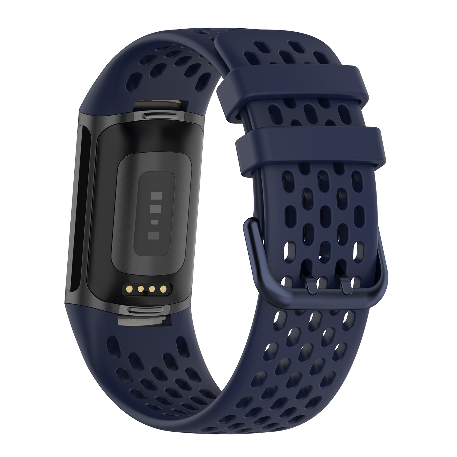 Marineblaues Smartwatch-Armband mit schwarzem Verschluss. Perforiertes Design. Weißer Hintergrund.