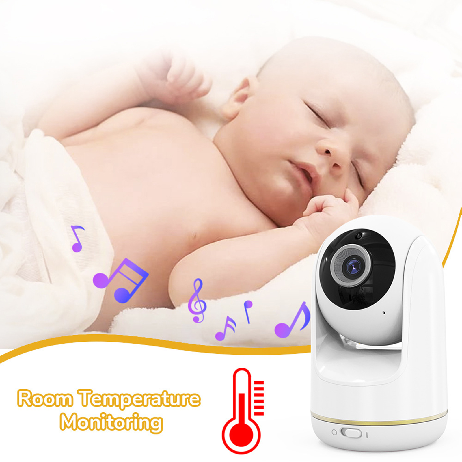 Baby schläft mit einem Babyphone, mit Noten und einem Thermometer.
