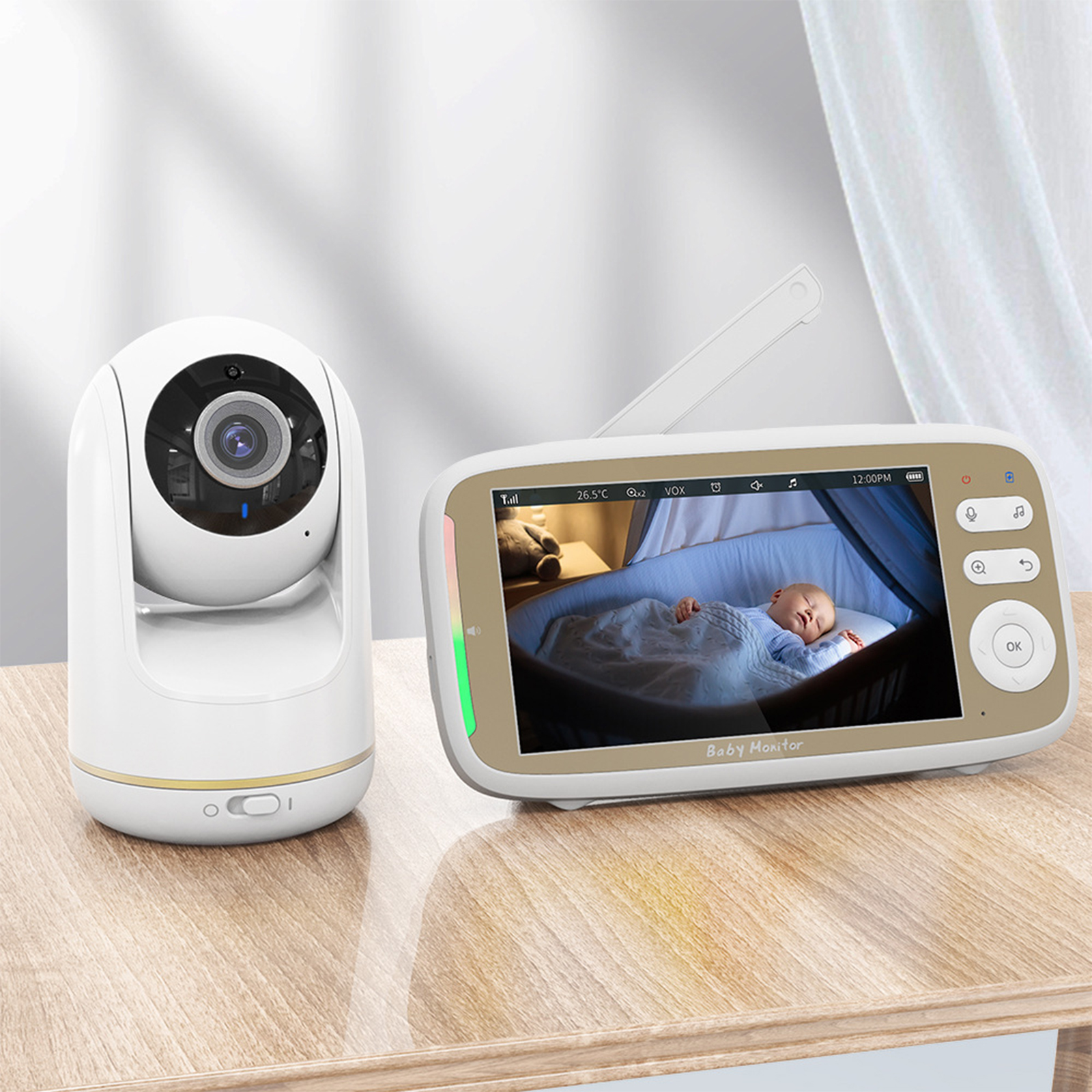 Babyphone-Set mit Kamera und Bildschirm, der ein Baby in einer Krippe zeigt.